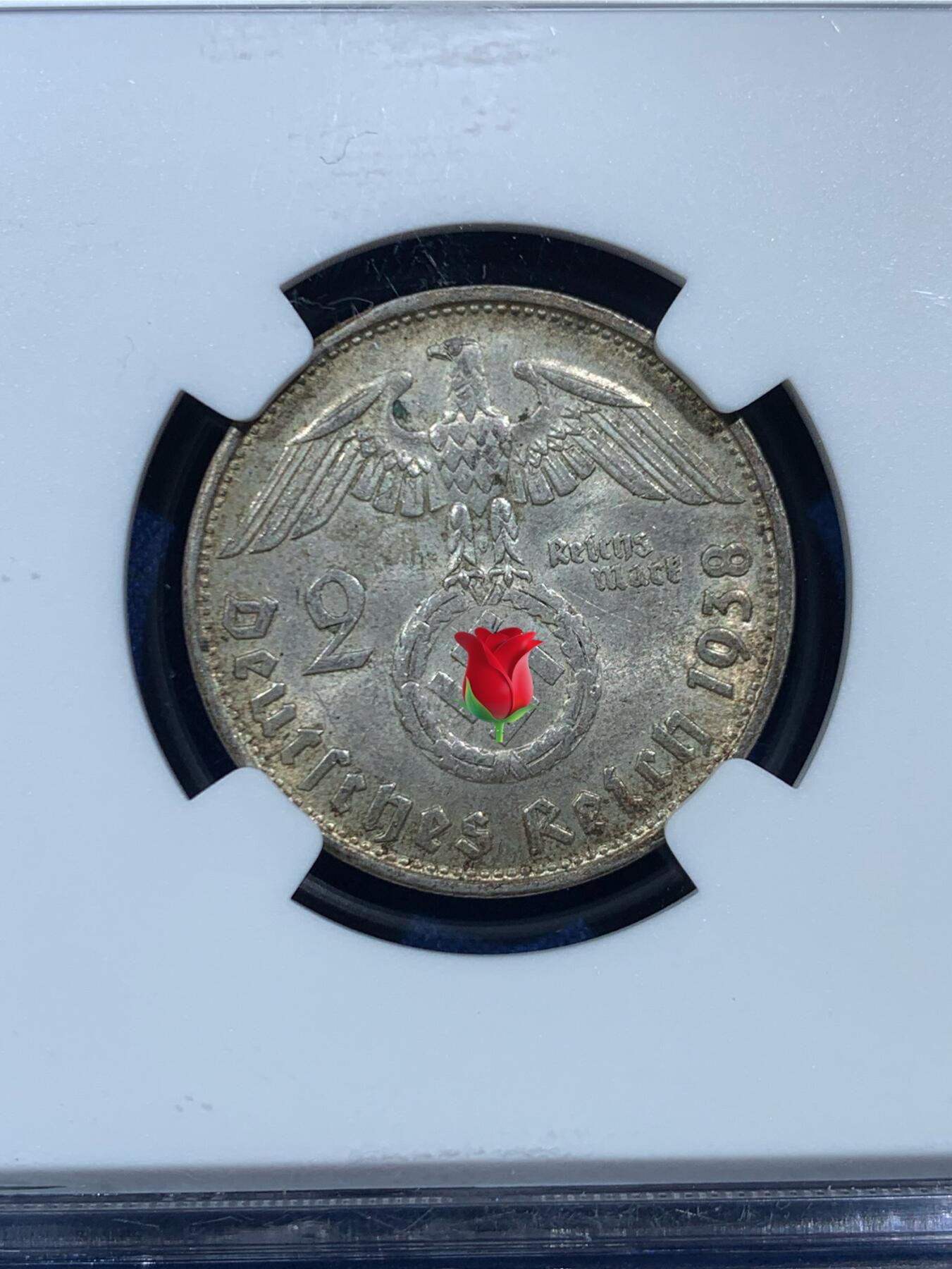 《竞宝斋》第454场 周日，周一 2场连拍 （全场包邮，欢迎送拍） NGC MS63 德国1938B兴登堡加字二马克，原光好品