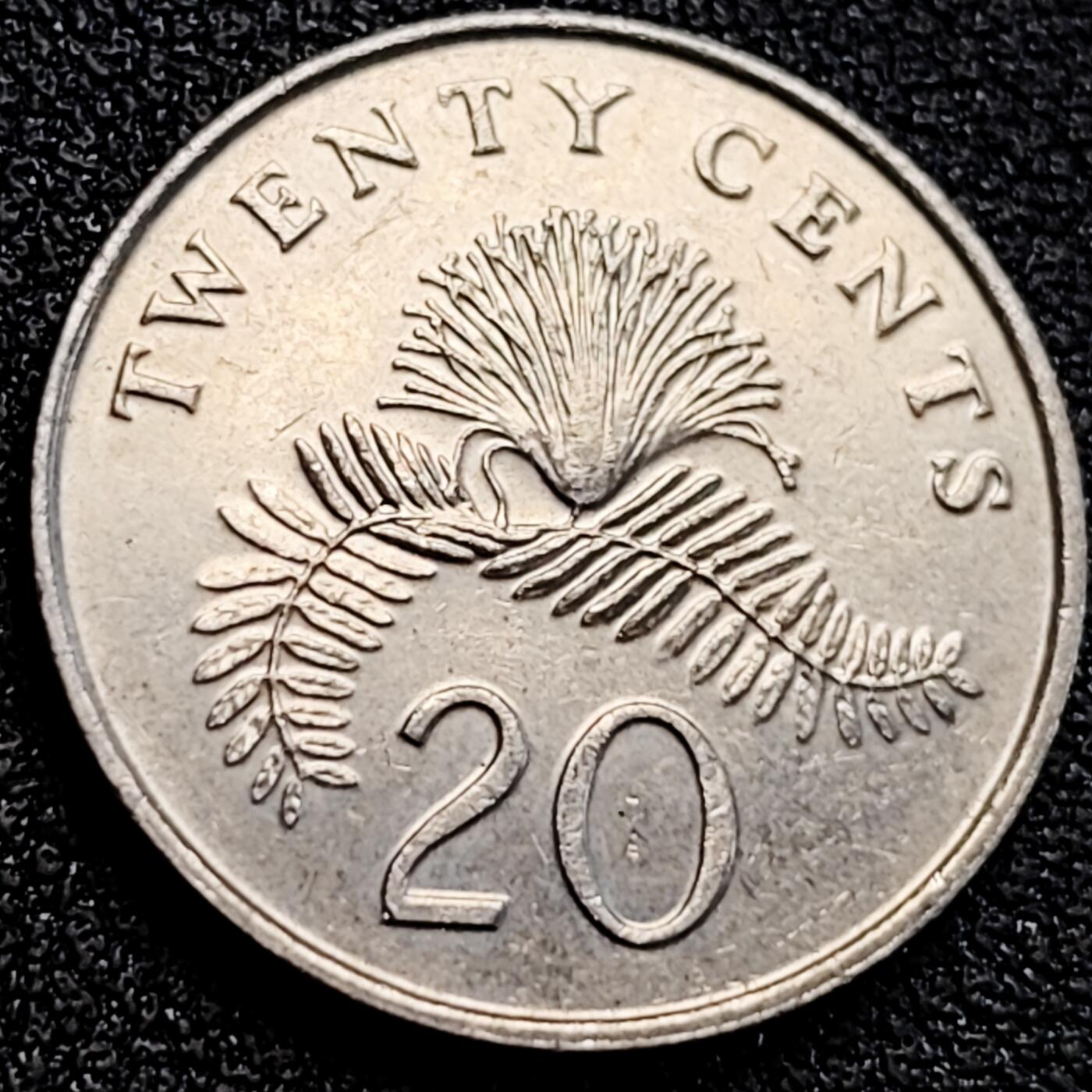 泉币菌-第163场-新年第六场 精品福利场 1989 高币值 新加坡20分 绒球花 高盾徽版 直径21.36mm