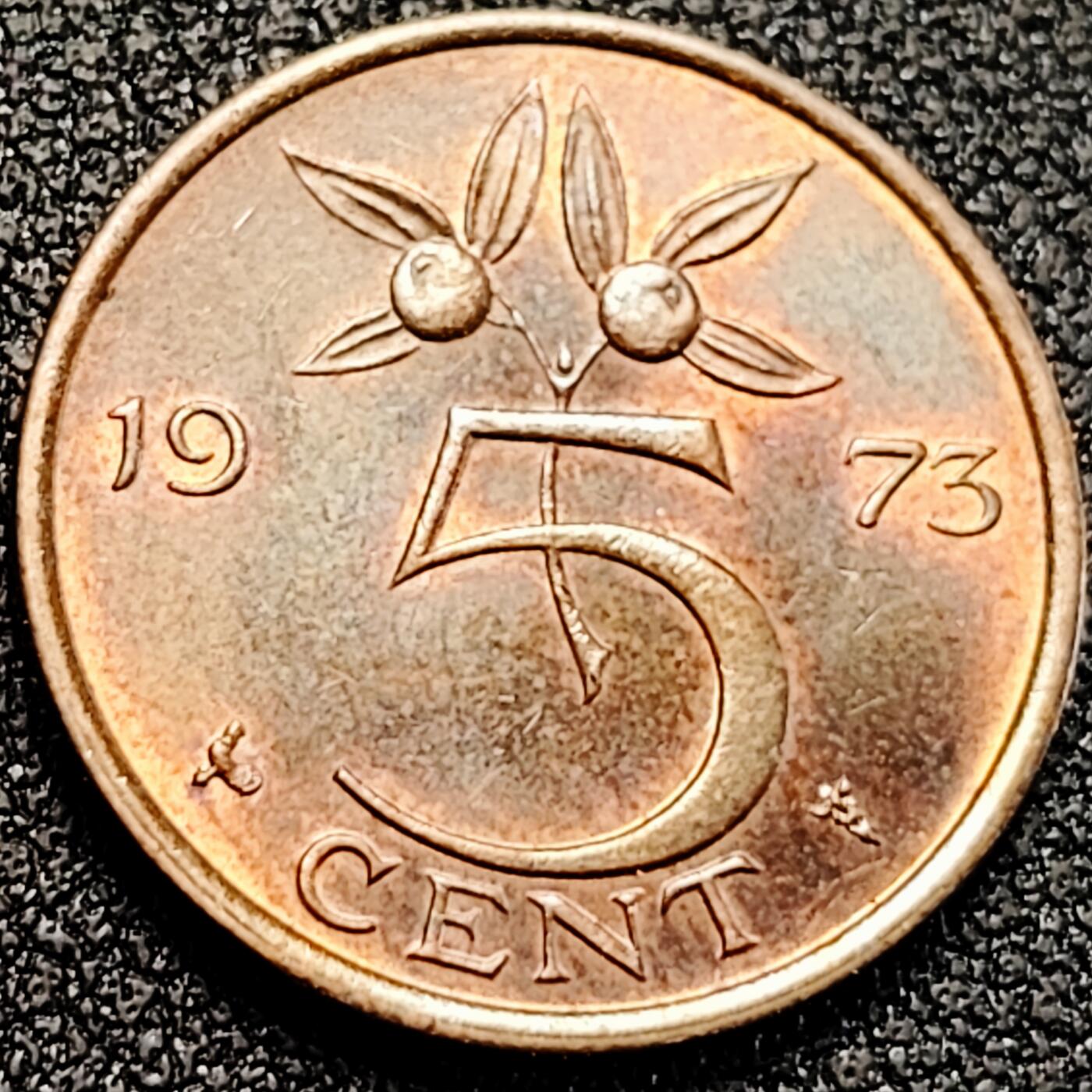 泉币菌-第162场- 新年第五场 精品福利场 铜光美品 21mm朱丽安娜女王 荷兰铜币 原光 五分 1975年 