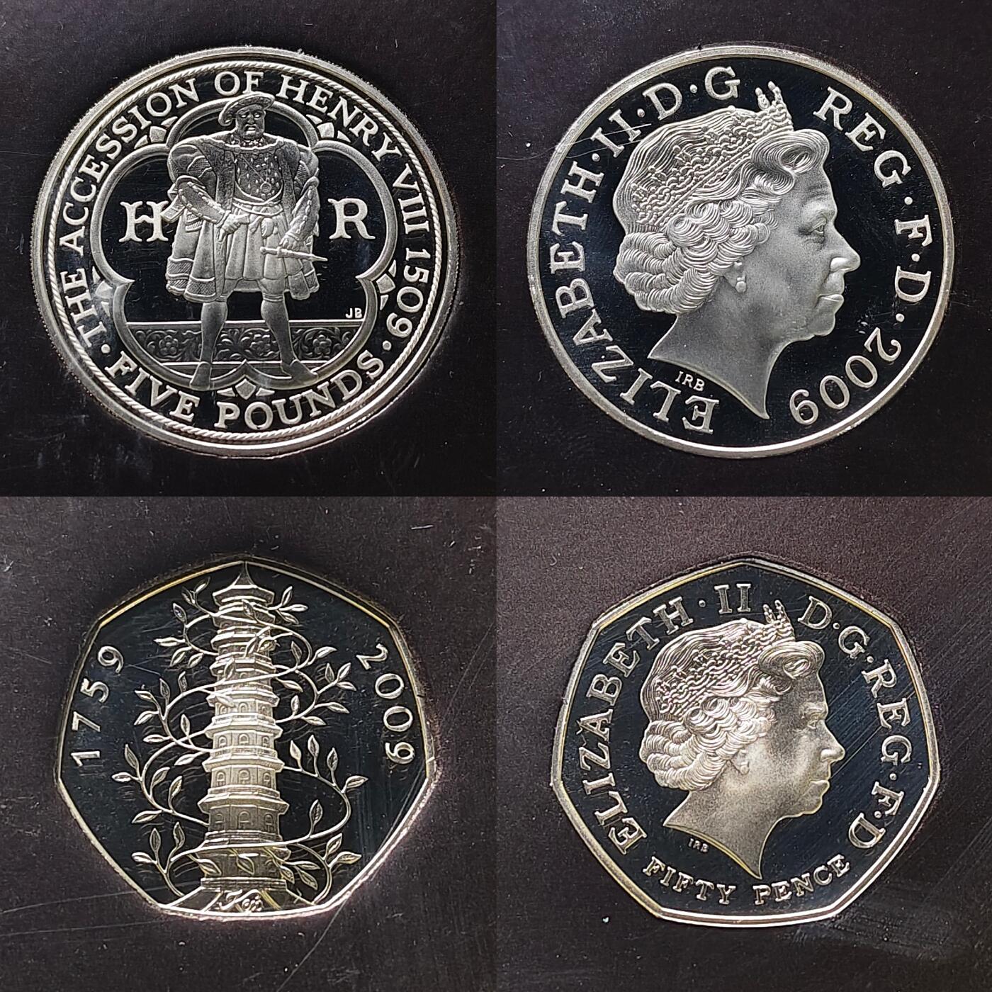 【全场包邮】纯粹捡漏拍493场 【重磅·邱园】英国2009年官方精制套币-5镑亨利八世登基500周年+50便士邱园250周年+2镑彭斯诞生250周年+2镑物种起源150周年+2镑机械时代-盒证全（内衬破损）