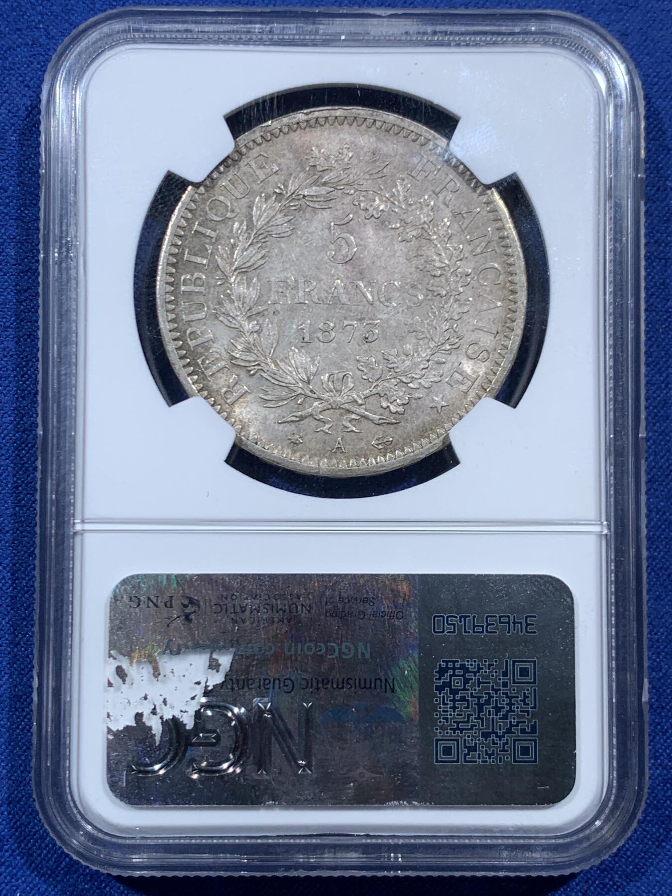 《竞宝斋》第454场 周日，周一 2场连拍 （全场包邮，欢迎送拍） NGC MS63 法国第三共和国1873年5法郎银币