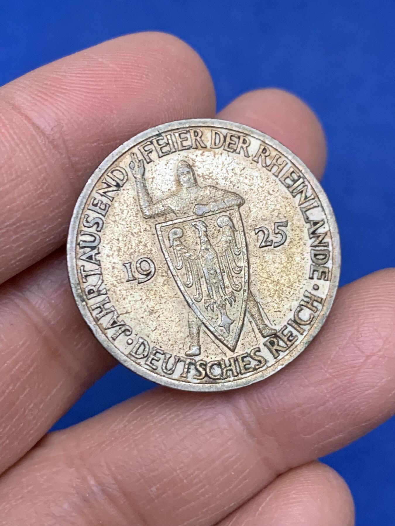 《竞宝斋》第454场 周日，周一 2场连拍 （全场包邮，欢迎送拍） 德国魏玛共和国1925年A版魏玛莱茵千年3马克银币