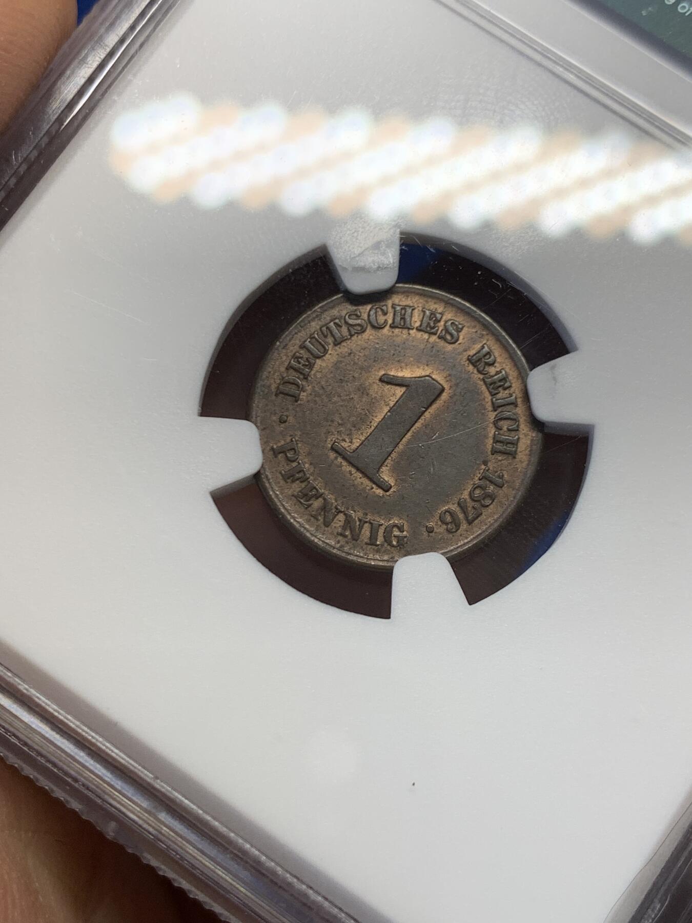 《竞宝斋》第454场 周日，周一 2场连拍 （全场包邮，欢迎送拍） NGC AU58BN 德国普鲁士 1876年 1芬尼 铜币 盒子角上有磕