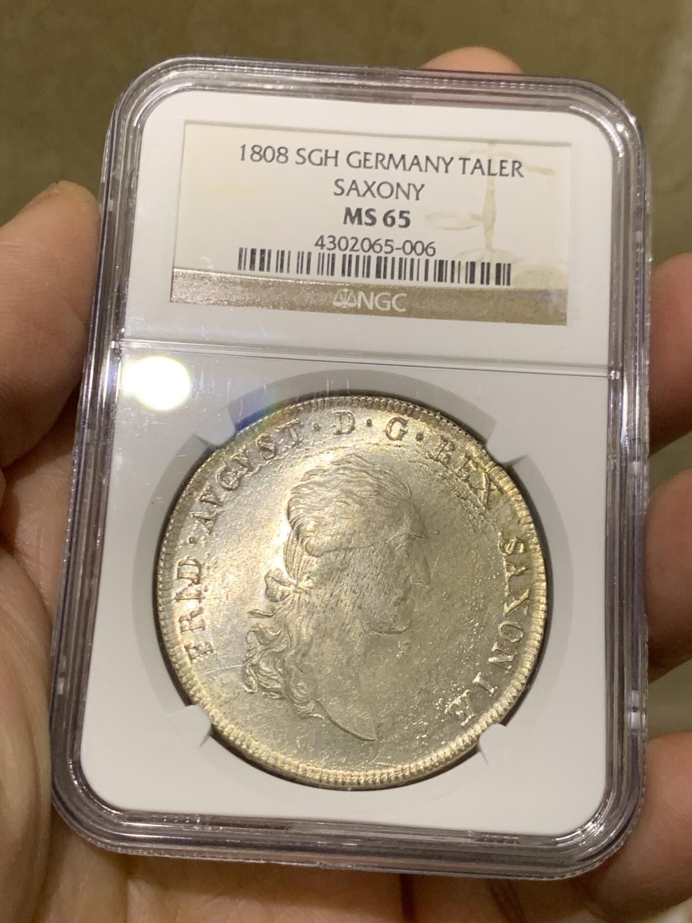 《竞宝斋》第454场 周日，周一 2场连拍 （全场包邮，欢迎送拍） 唯一冠军分 NGC MS65 德国 1808年 萨克森王国 奥古斯特一世 泰勒大银币 顶级状态