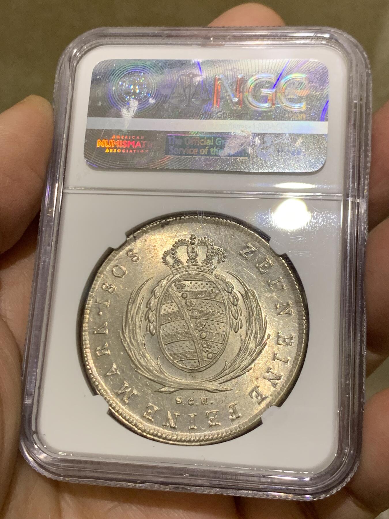 《竞宝斋》第454场 周日，周一 2场连拍 （全场包邮，欢迎送拍） 唯一冠军分 NGC MS65 德国 1808年 萨克森王国 奥古斯特一世 泰勒大银币 顶级状态