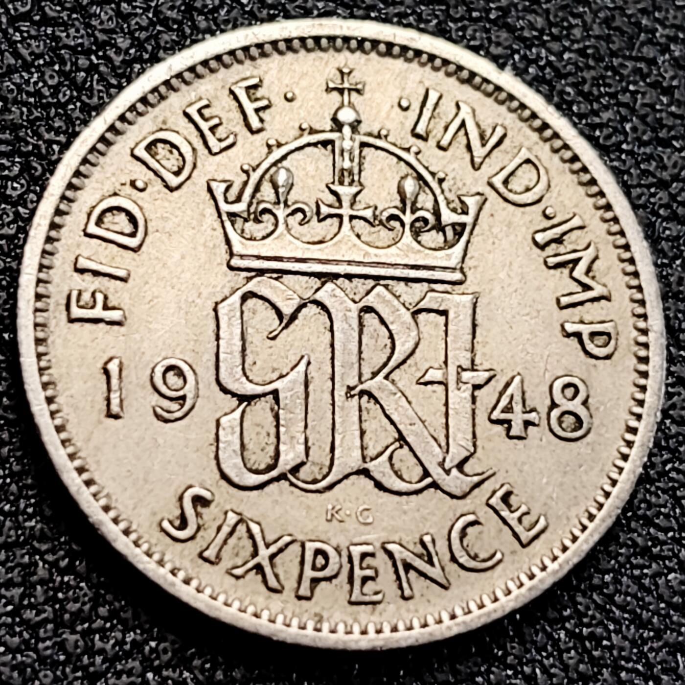 泉币菌-第163场-新年第六场 精品福利场 乔治六世 1948年 英国6便士铜镍小硬币 19.3毫米2.8克 