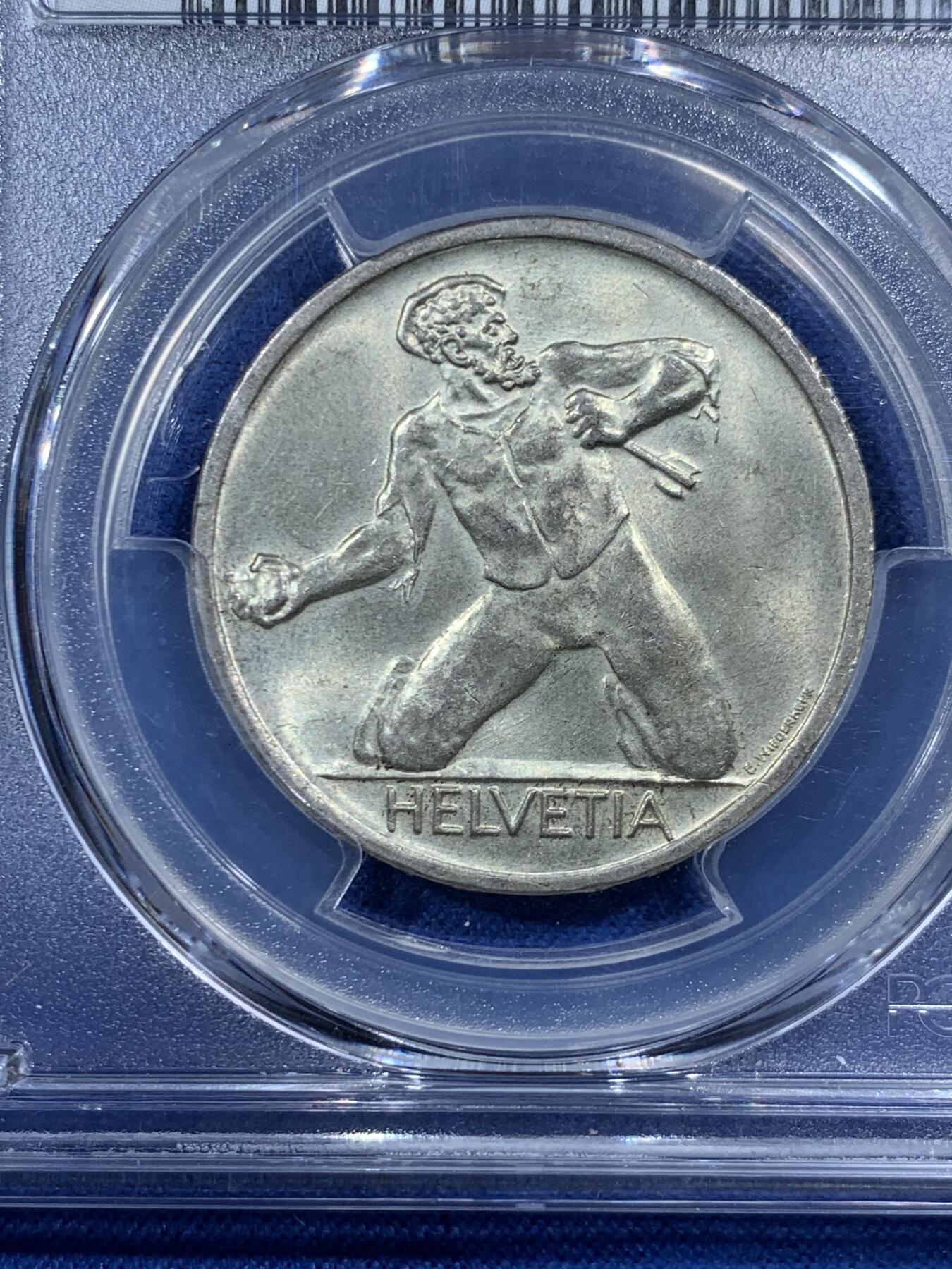 《竞宝斋》第454场 周日，周一 2场连拍 （全场包邮，欢迎送拍） PCGS MS64 瑞士 1944B 5法郎纪念银币