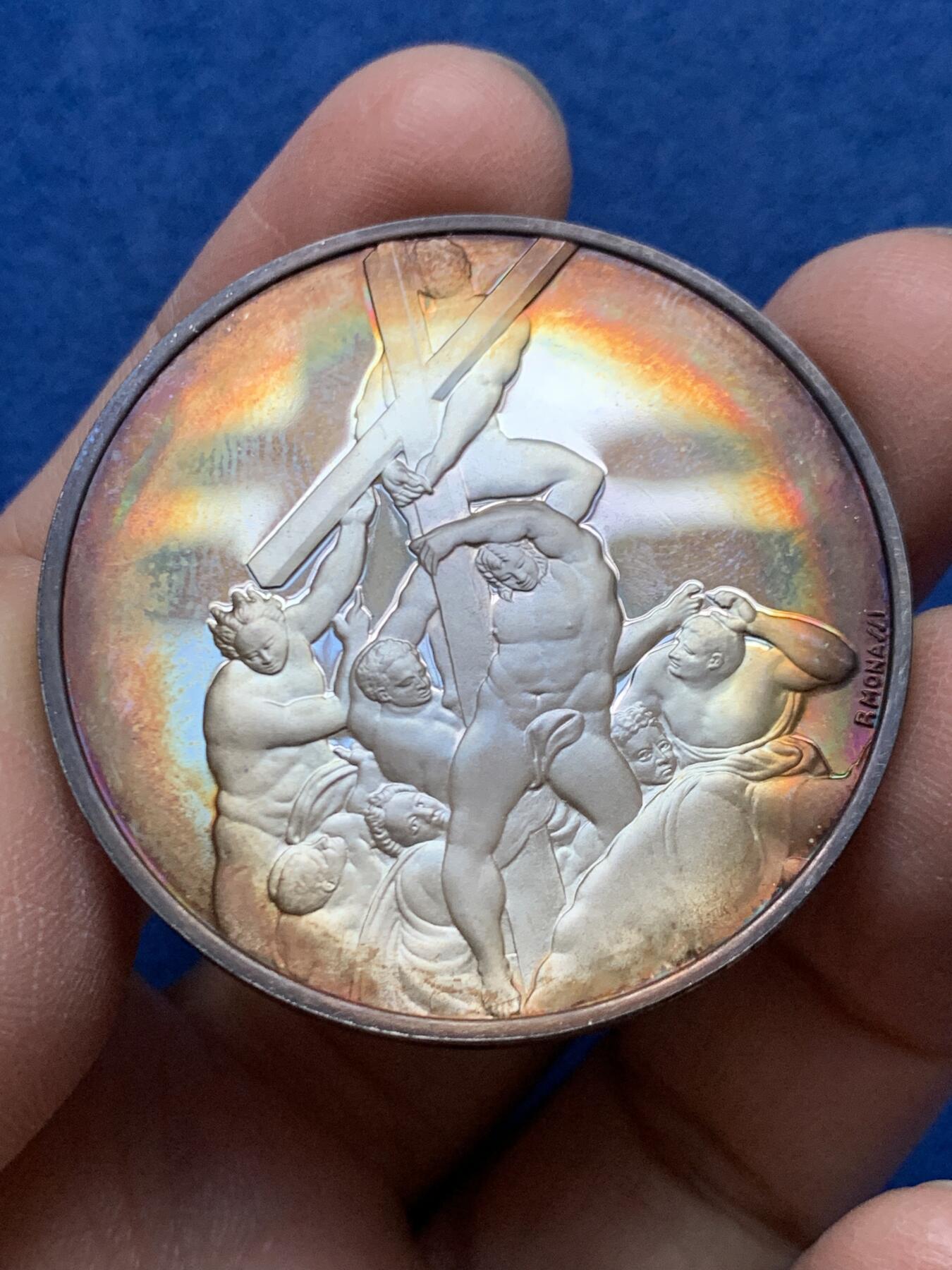 《竞宝斋》第454场 周日，周一 2场连拍 （全场包邮，欢迎送拍） 925银 五彩包浆大银章 38.25g 44.2mm