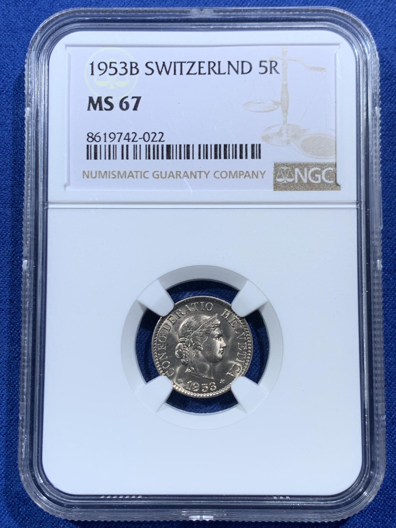 《竞宝斋》第454场 周日，周一 2场连拍 （全场包邮，欢迎送拍） NGC MS67 瑞士1953年B版5生丁 冠军分数 极强转光 细节出众