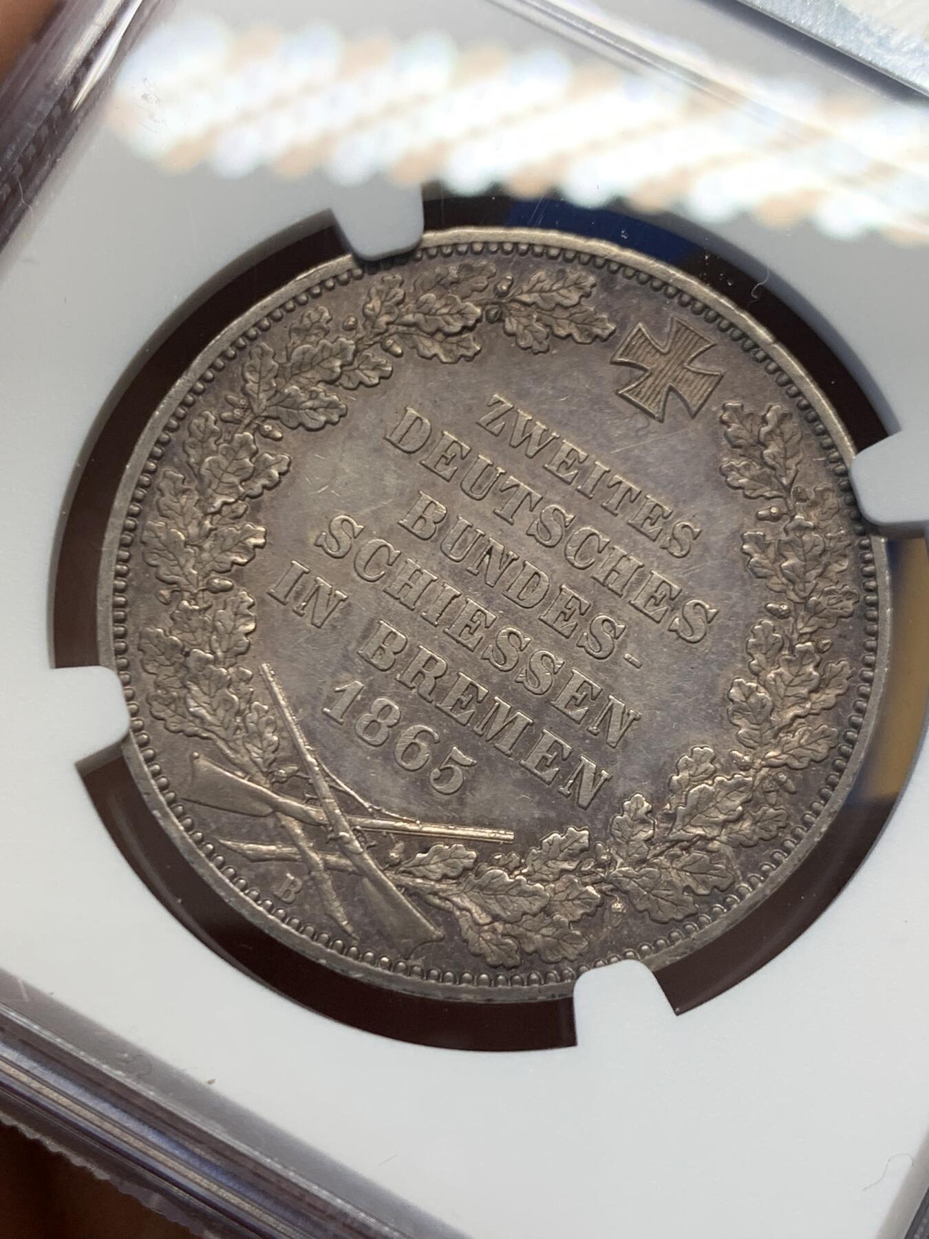 《竞宝斋》第454场 周日，周一 2场连拍 （全场包邮，欢迎送拍） NGC MS61 德国 1865年 不莱梅 射击节纪念1泰勒