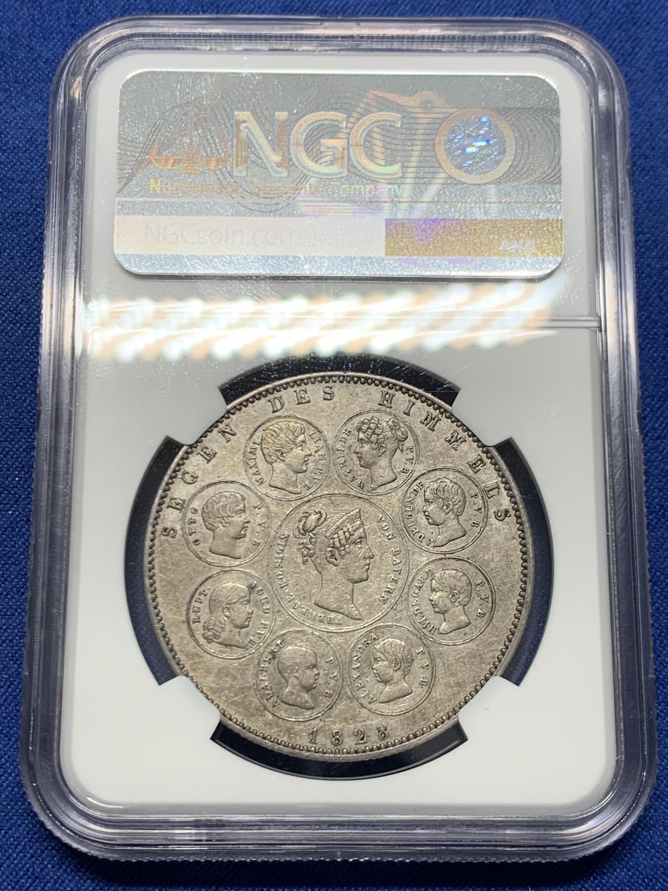 《竞宝斋》第454场 周日，周一 2场连拍 （全场包邮，欢迎送拍） NGC AUD 德国 1828年 巴伐利亚 路德维西1世 皇室家族泰勒 品相不错