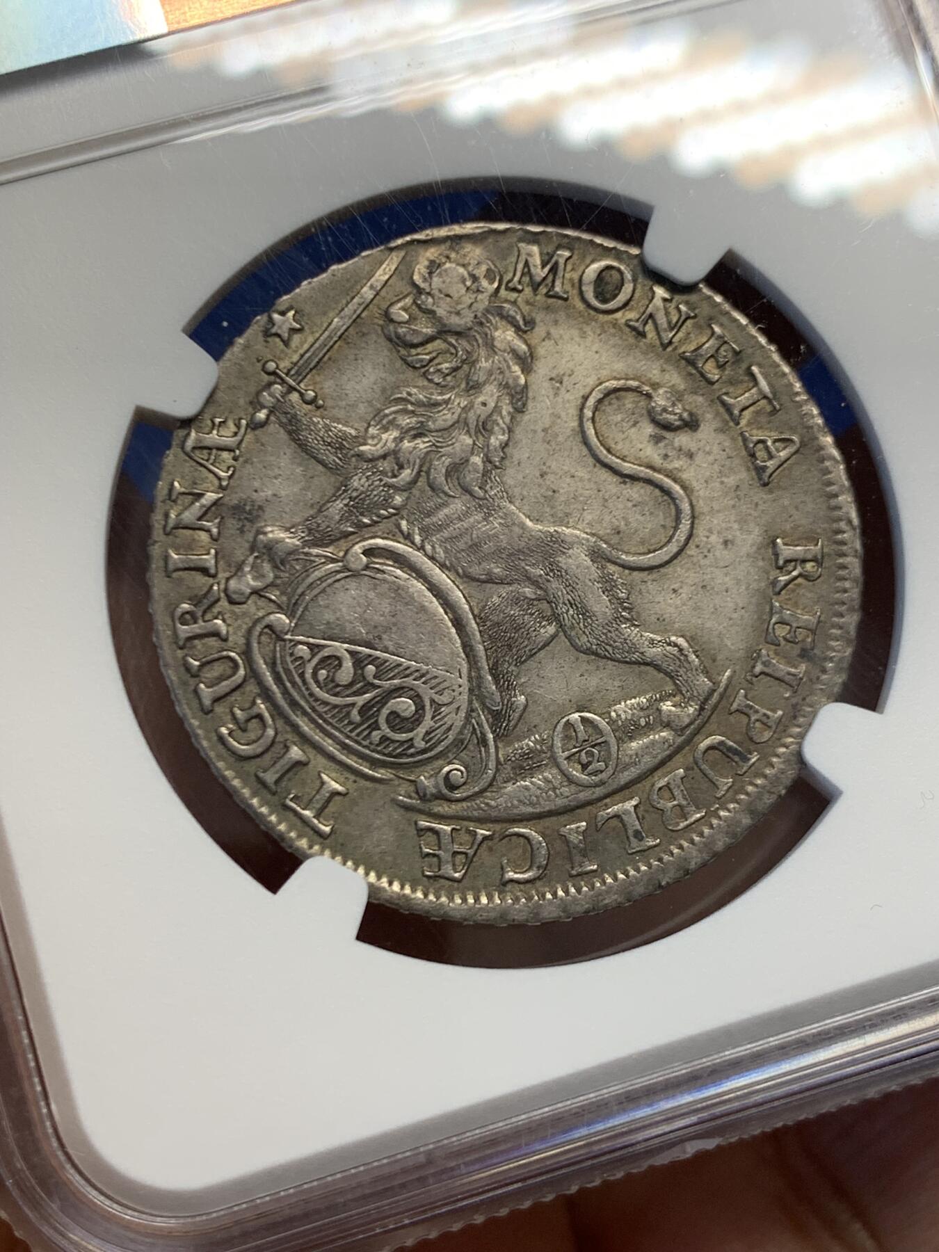 《竞宝斋》第454场 周日，周一 2场连拍 （全场包邮，欢迎送拍） NGC AUD 瑞士苏黎世1743年城市景观半泰勒银币 细节见图 有修补