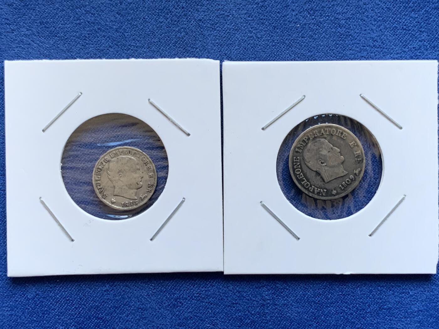 《竞宝斋》第454场 周日，周一 2场连拍 （全场包邮，欢迎送拍） 两枚一组 意大利 拿破仑王国 1813年5索尔迪、1809年10索尔迪 少见银币 均为M版 传世包浆 细节很好 拿系币经典品种