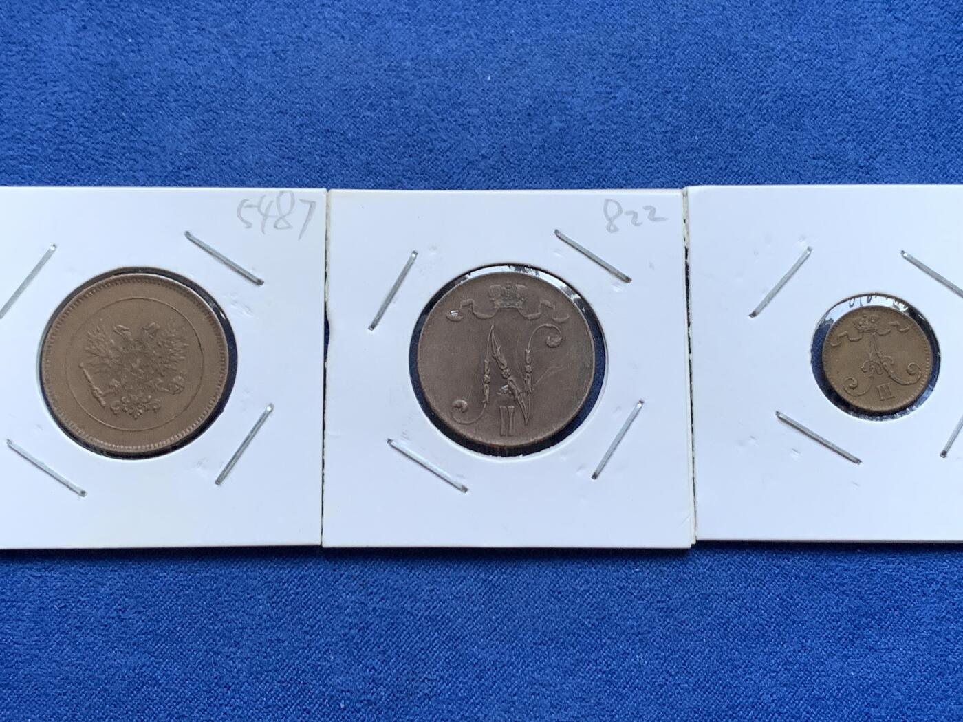 《竞宝斋》第454场 周日，周一 2场连拍 （全场包邮，欢迎送拍） 三枚一组 俄属芬兰1、5、5芬妮铜币