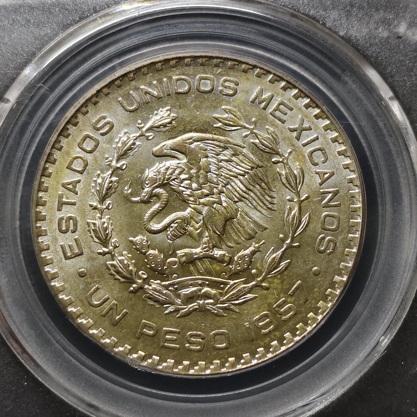 【全场包邮】纯粹捡漏拍494场 墨西哥1957年1比索低银币-公博MS67 少见高分好品