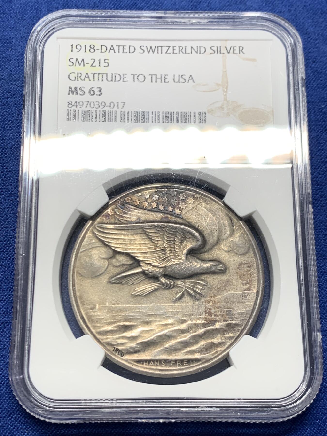《竞宝斋》第454场 周日，周一 2场连拍 （全场包邮，欢迎送拍） NGC MS63 瑞士1918年一战感谢美国粮食援助纪念银章 原味包浆 磨砂质感 难得好品好状态