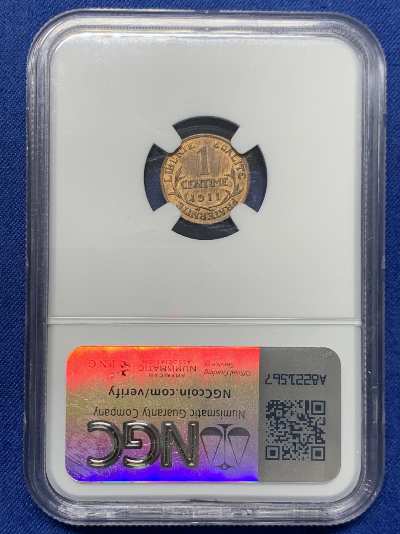 《竞宝斋》第454场 周日，周一 2场连拍 （全场包邮，欢迎送拍） NGC MS63RB 法国1911年1分铜币