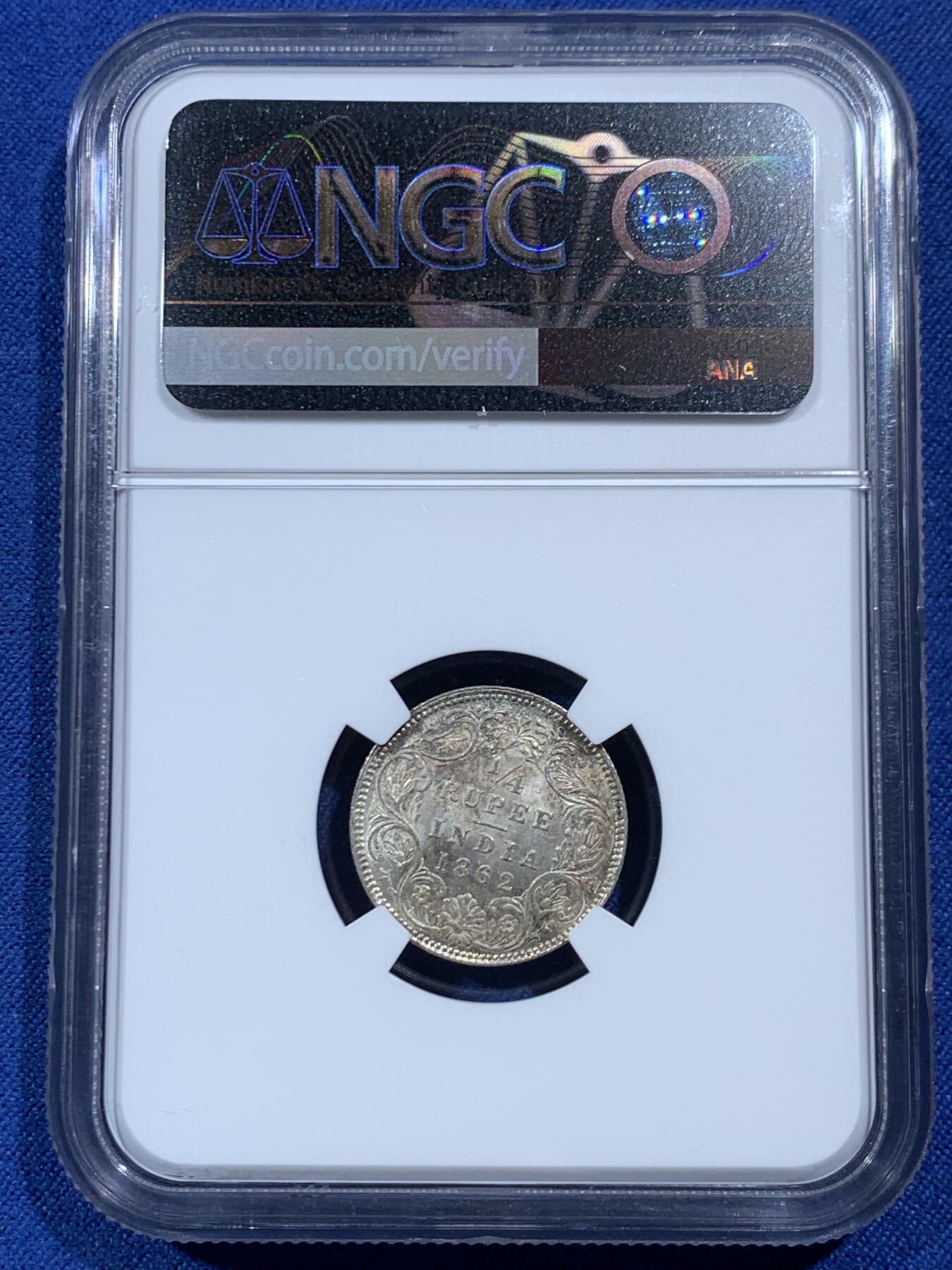《竞宝斋》第454场 周日，周一 2场连拍 （全场包邮，欢迎送拍） NGC MS62 英属印度1862年C版维多利亚女王1/4卢比 少见面值 原光淡彩
