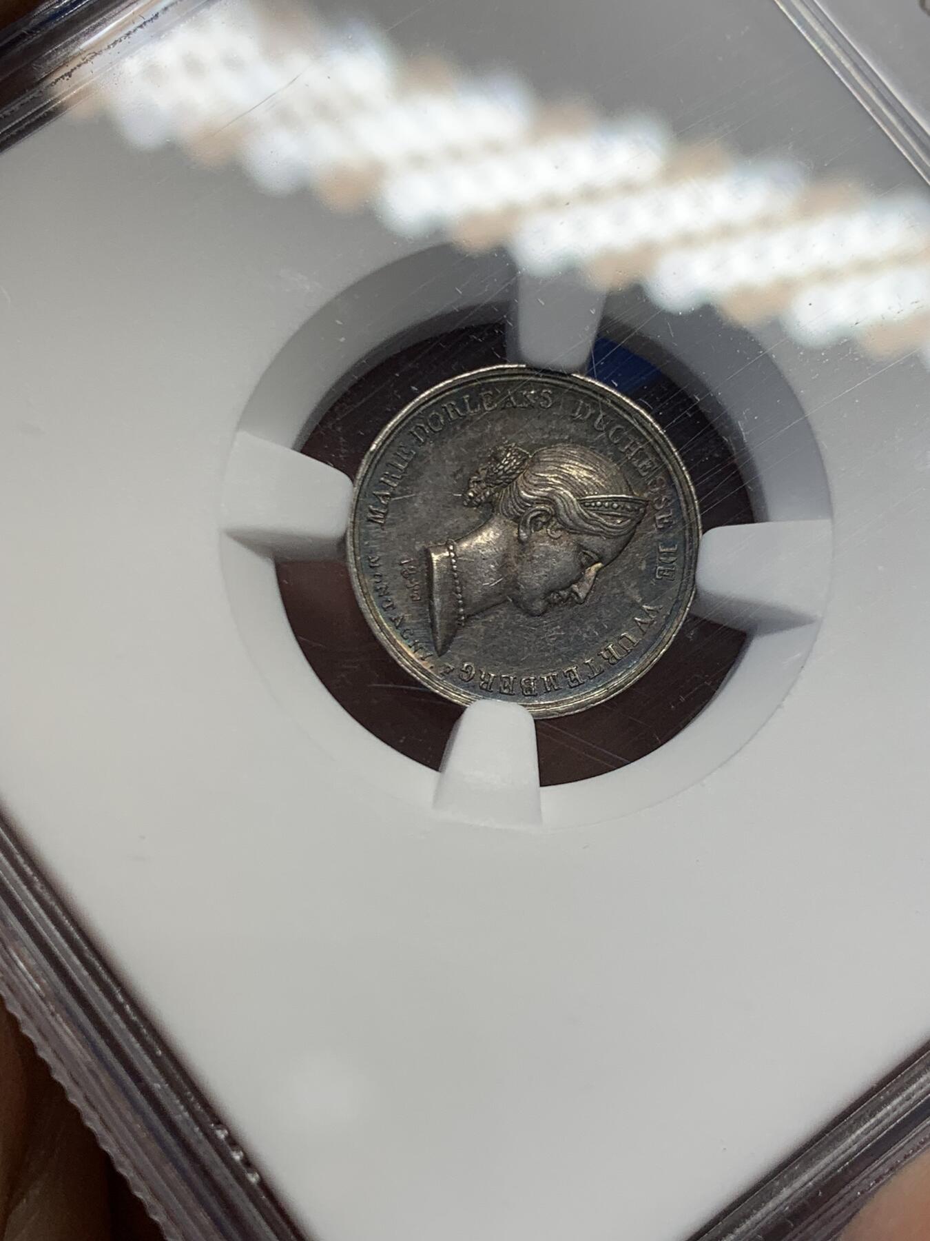 《竞宝斋》第454场 周日，周一 2场连拍 （全场包邮，欢迎送拍） NGC MS61 德国 1840年 法国王室成员玛丽奥尔良逝世纪念银章 背面为圣女贞德雕像 极少见题材 传世五彩包浆 很精致的一枚