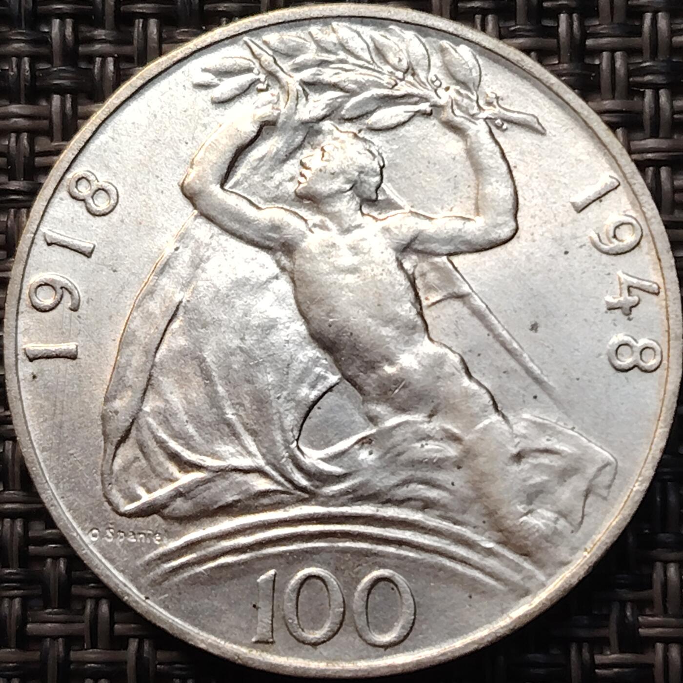 布加迪🐬～世界钱币(上海)🌾第 268 期 /  各国套币和散币 捷克斯洛伐克 1948年 100克朗银币 独立30周年纪念币 31mm14g～2