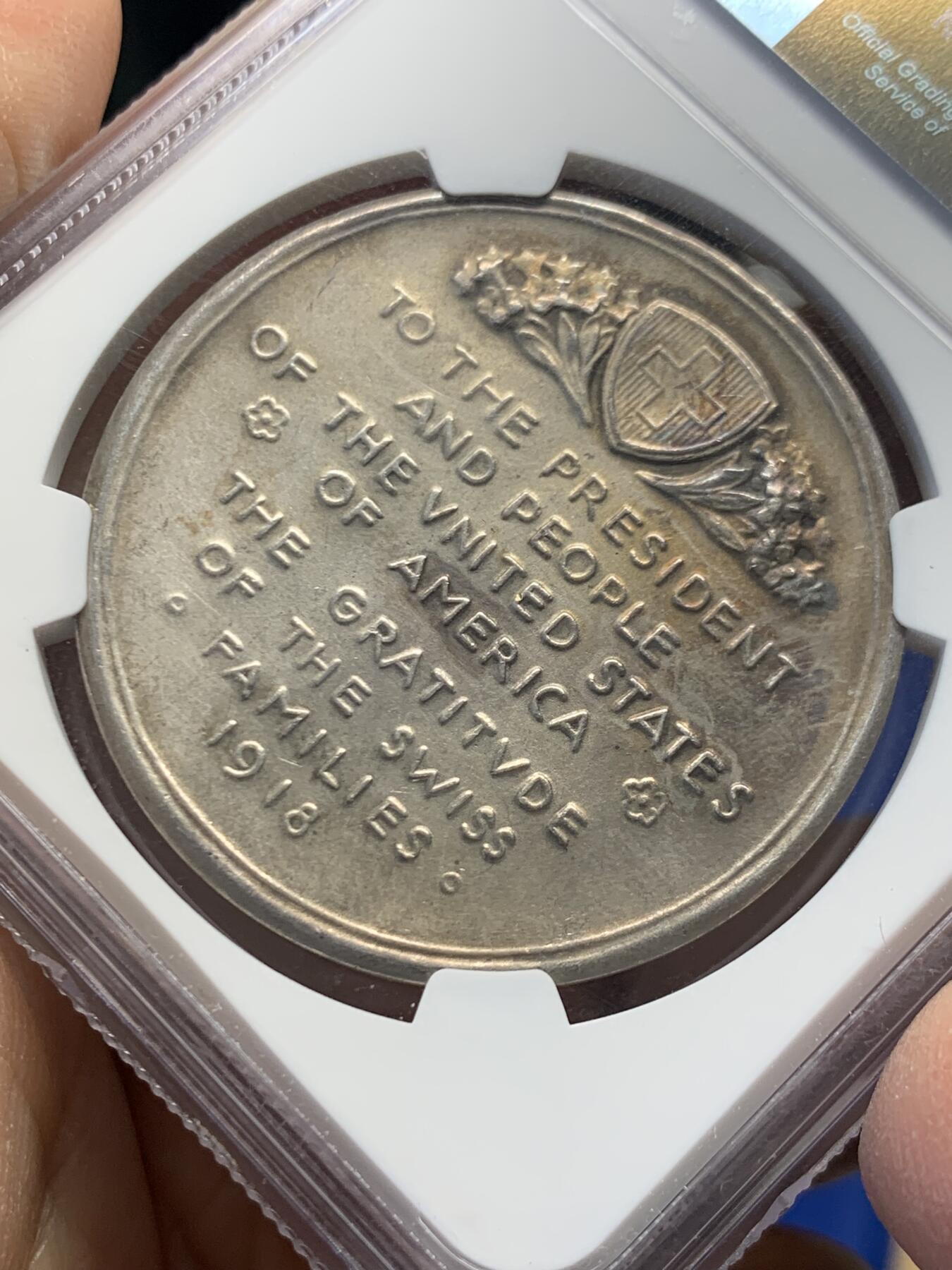 《竞宝斋》第454场 周日，周一 2场连拍 （全场包邮，欢迎送拍） NGC MS63 瑞士1918年一战感谢美国粮食援助纪念银章 原味包浆 磨砂质感 难得好品好状态