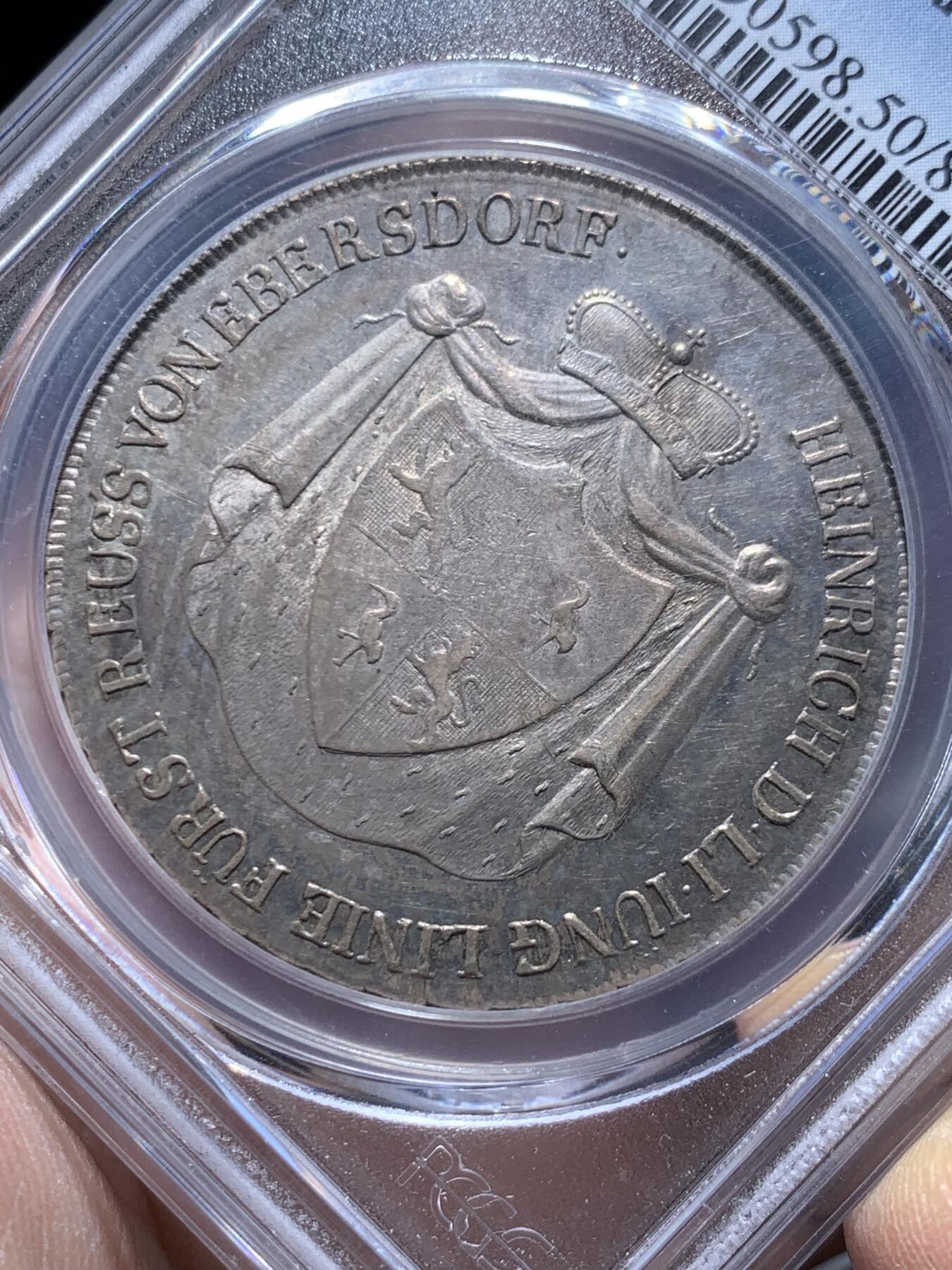 《竞宝斋》第454场 周日，周一 2场连拍 （全场包邮，欢迎送拍） 唯一亚军分 PCGS AU50 德国 1812年 罗伊斯-埃伯斯多夫公国 泰勒大银币 该地名唯一大银币 发行量1575枚 有分的记录共两枚 难得一见