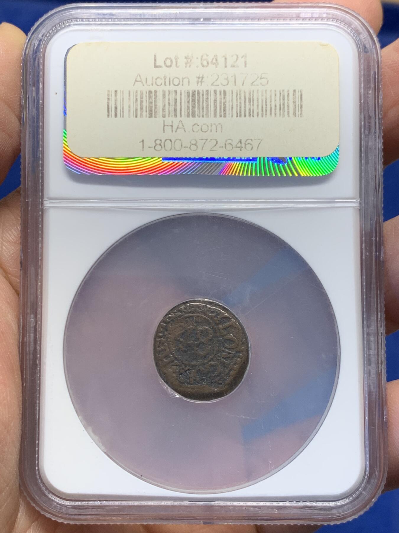 《竞宝斋》第454场 周日，周一 2场连拍 （全场包邮，欢迎送拍） 亚军分 NGC VG8BN 英属锡兰1/48Rixdollar铜币，1815年乔治三世时期打制，正面：大象，年份。背面：铭文