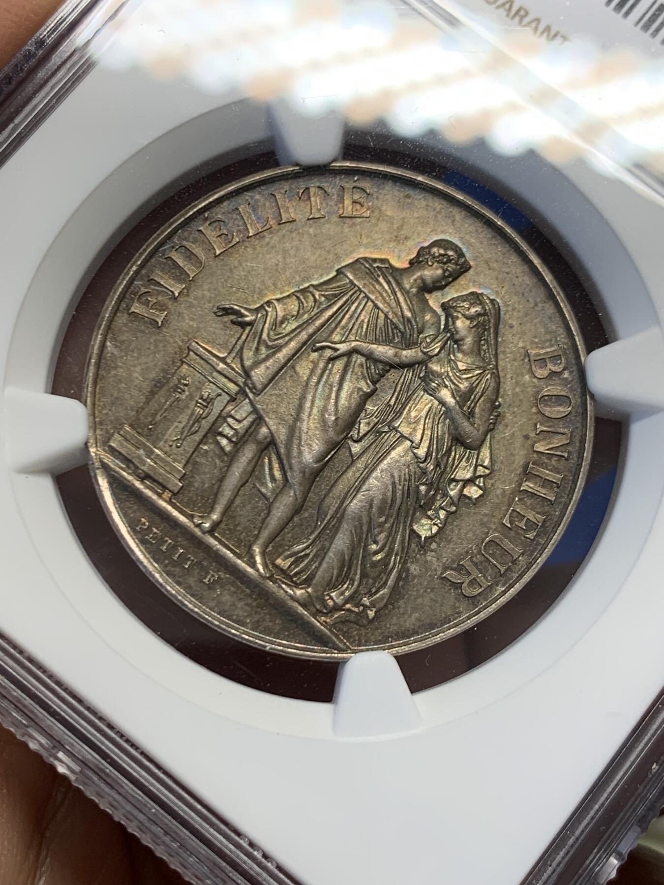 《竞宝斋》第454场 周日，周一 2场连拍 （全场包邮，欢迎送拍） NGC MS63 法国结婚银章 32mm 丰饶角