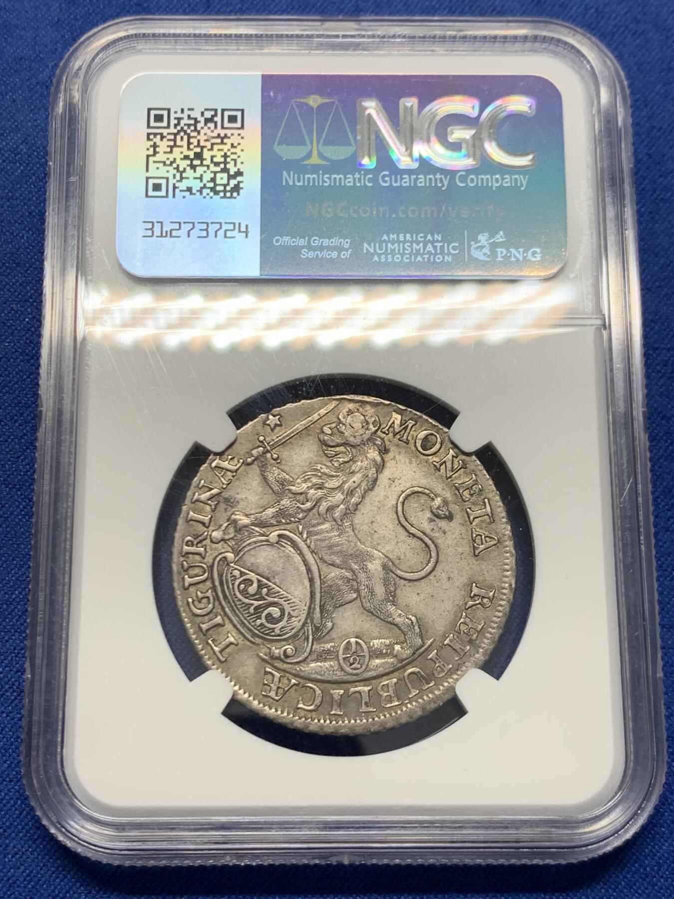 《竞宝斋》第454场 周日，周一 2场连拍 （全场包邮，欢迎送拍） NGC AUD 瑞士苏黎世1743年城市景观半泰勒银币 细节见图 有修补