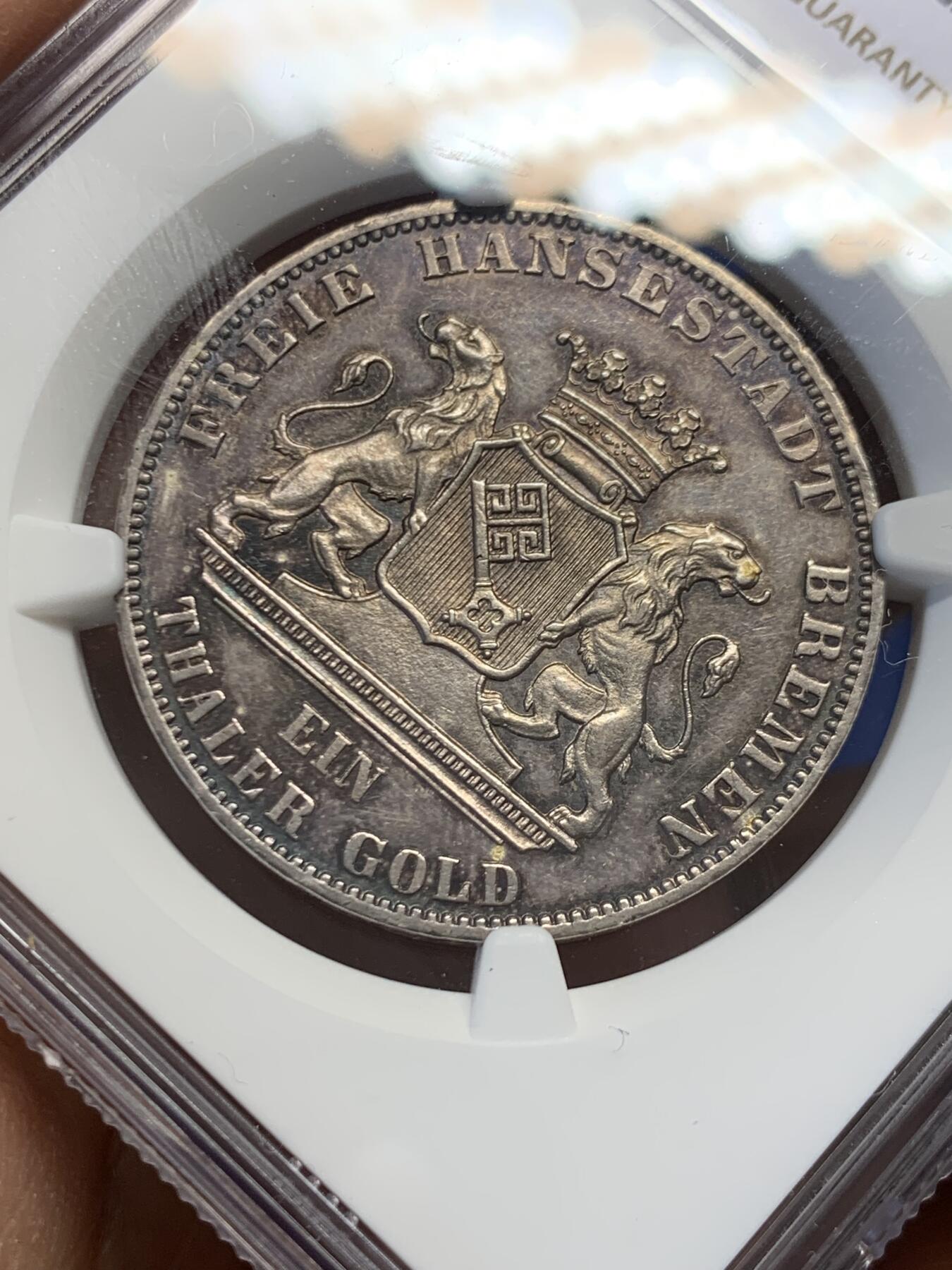 《竞宝斋》第454场 周日，周一 2场连拍 （全场包邮，欢迎送拍） NGC MS61 德国 1865年 不莱梅 射击节纪念1泰勒