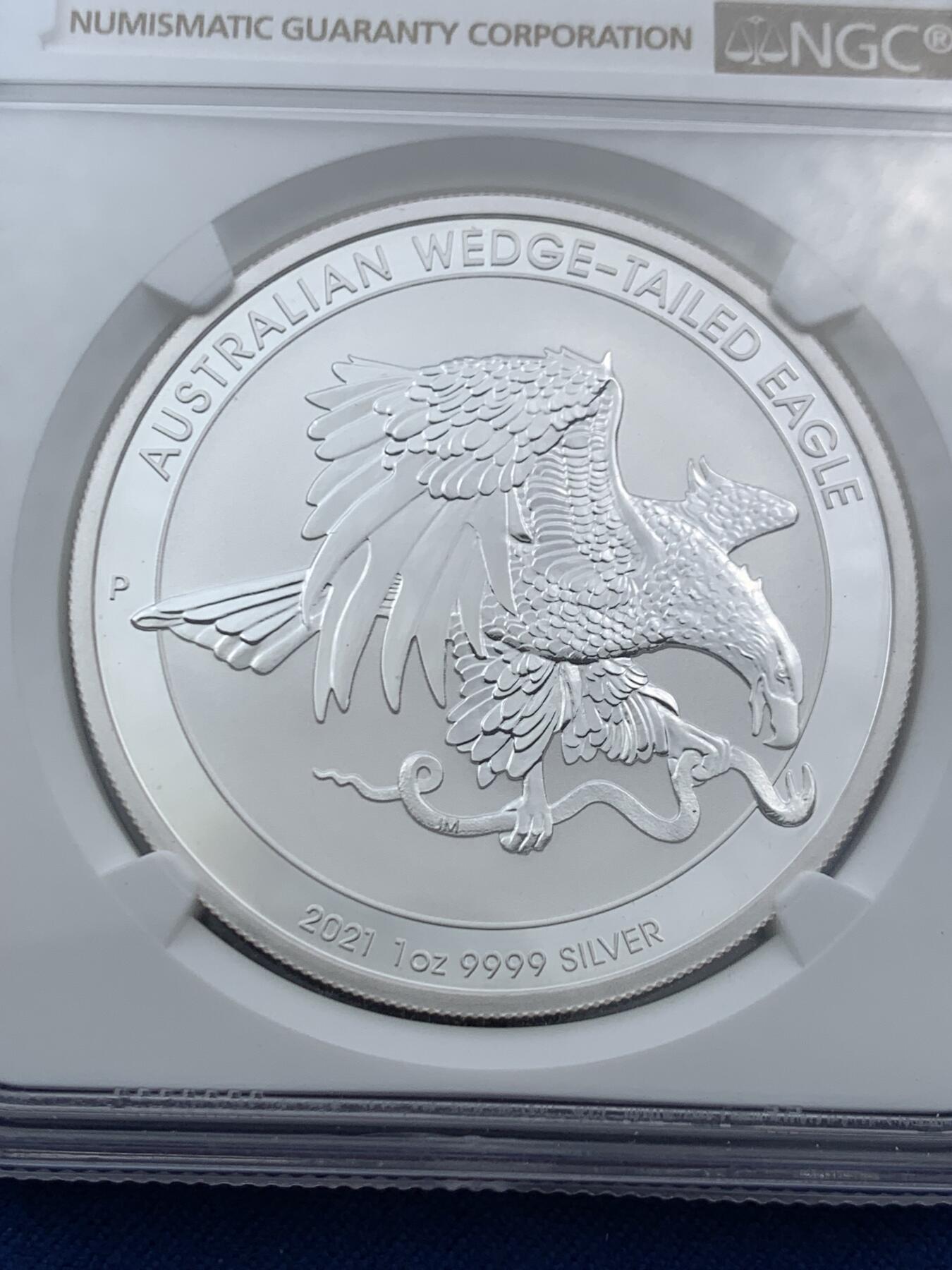 《竞宝斋》第454场 周日，周一 2场连拍 （全场包邮，欢迎送拍） NGC MS69 澳大利亚2021年抓蛇的楔尾鹰一盎司银币，好品可藏