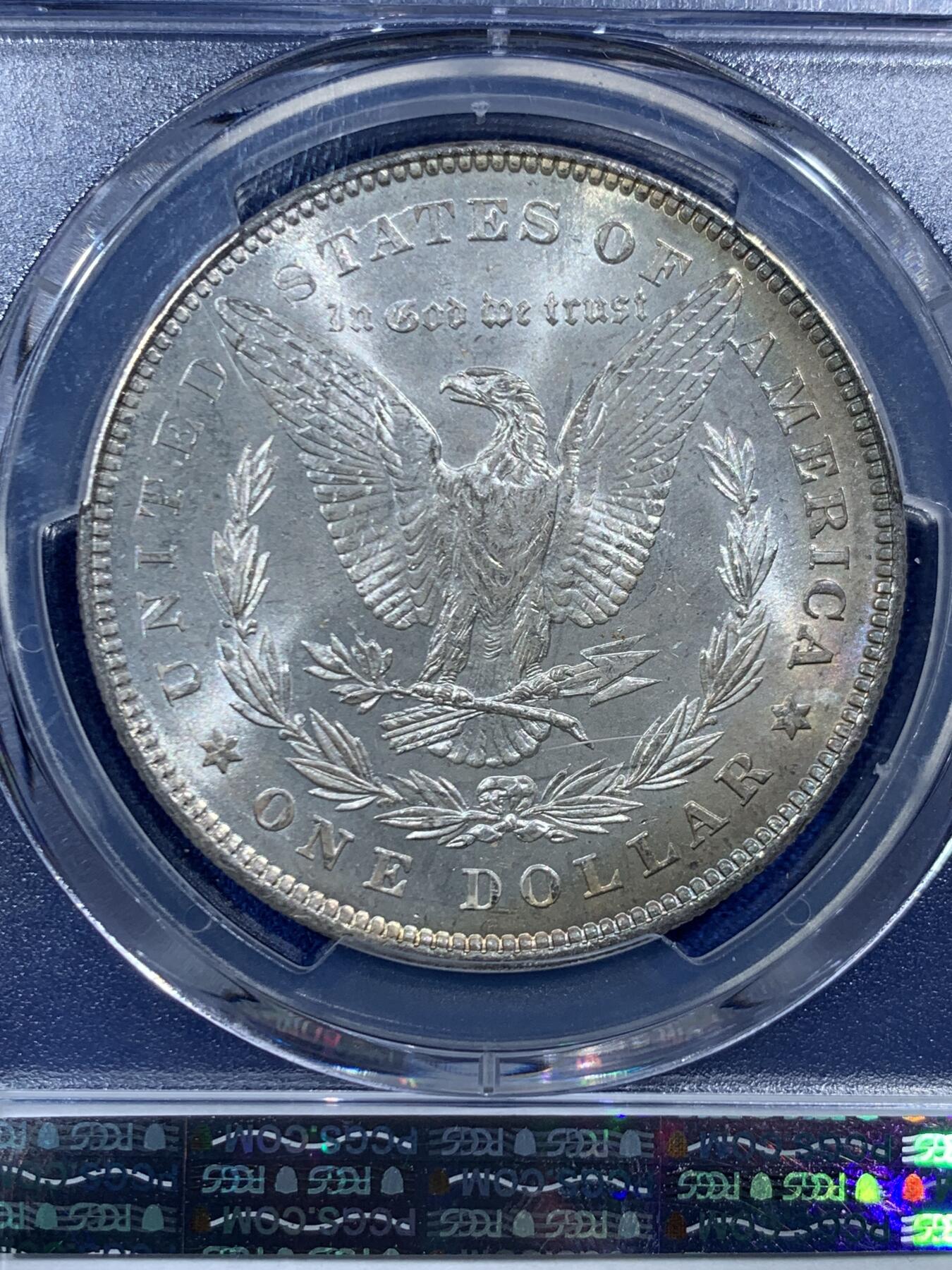 《竞宝斋》第454场 周日，周一 2场连拍 （全场包邮，欢迎送拍） PCGS MS63 美国 1878 首年摩根 7/8TF 银币 尾部羽毛复打 稀有版别 鹰面月牙形五彩包浆