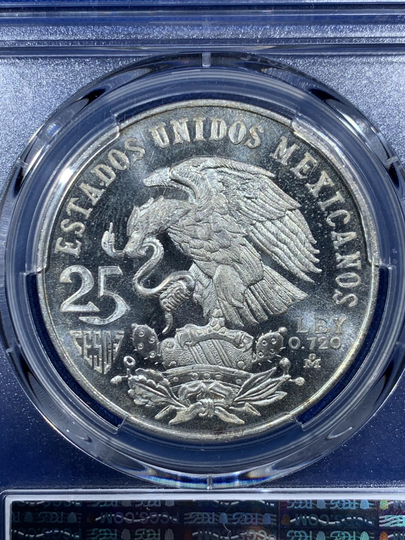 《竞宝斋》第454场 周日，周一 2场连拍 （全场包邮，欢迎送拍） PCGS MS67 墨西哥1968年25比索奥运纪念 经典品种 卷拆品高分，两面爆光银光赏心悦目适合收藏