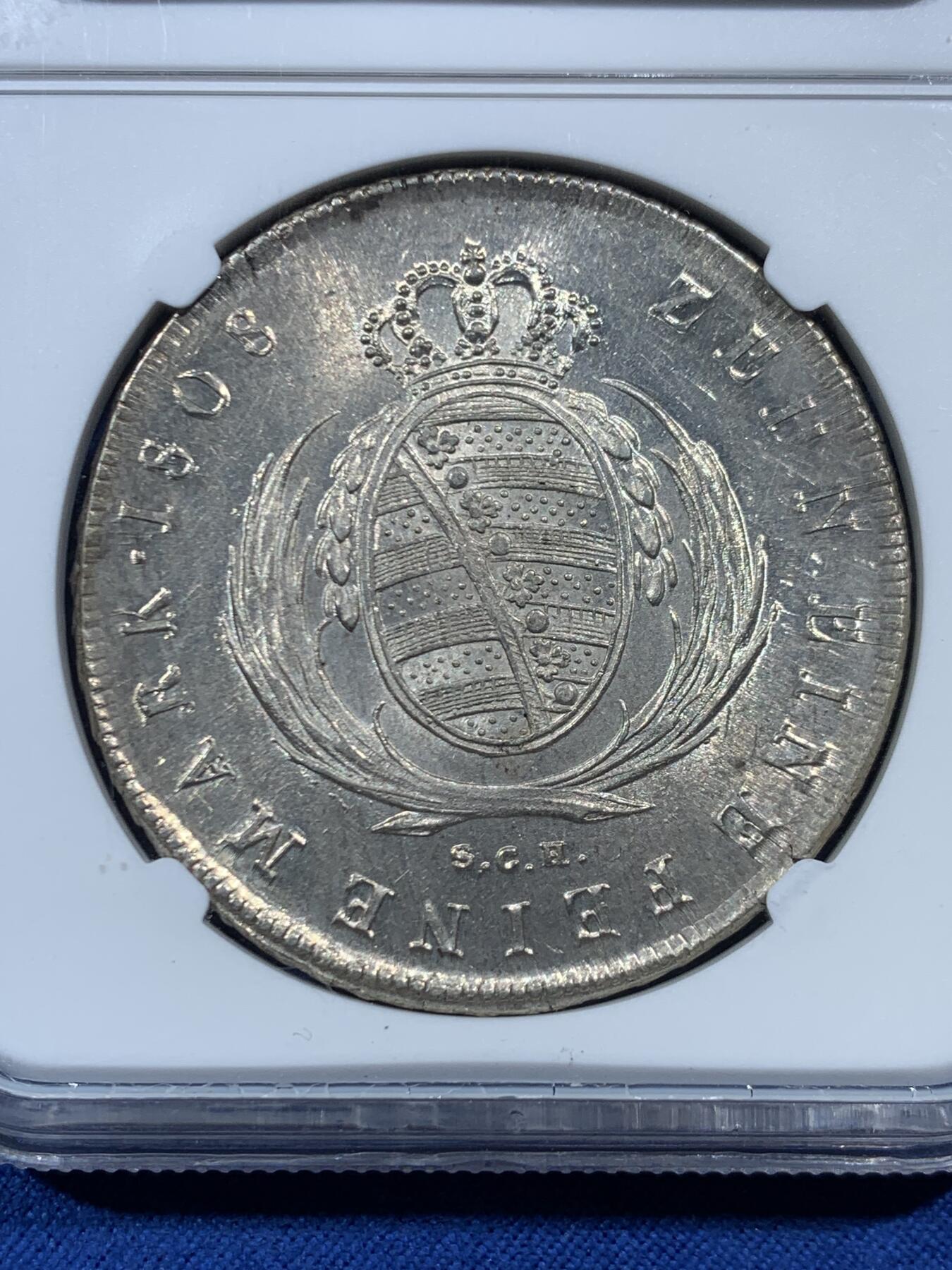 《竞宝斋》第454场 周日，周一 2场连拍 （全场包邮，欢迎送拍） 唯一冠军分 NGC MS65 德国 1808年 萨克森王国 奥古斯特一世 泰勒大银币 顶级状态