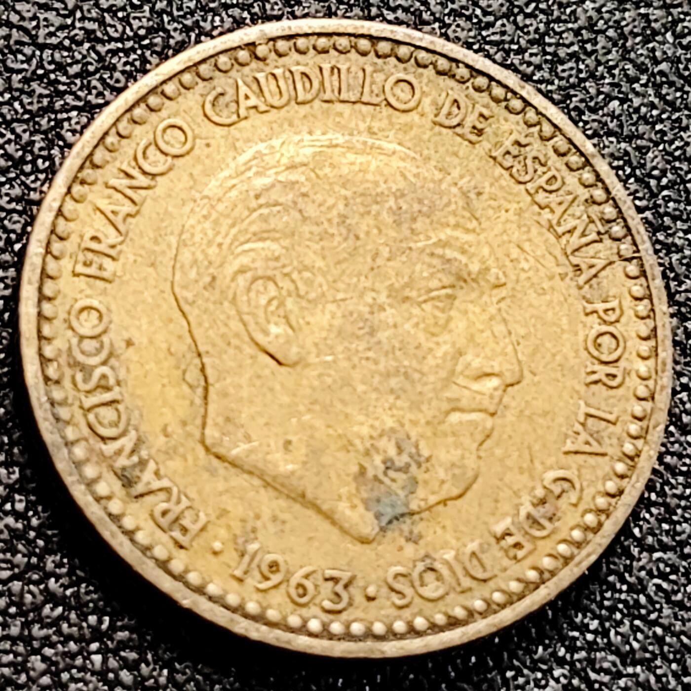 泉币菌-第162场- 新年第五场 精品福利场 西班牙1963年1比塞塔 弗朗哥头像 22mm 