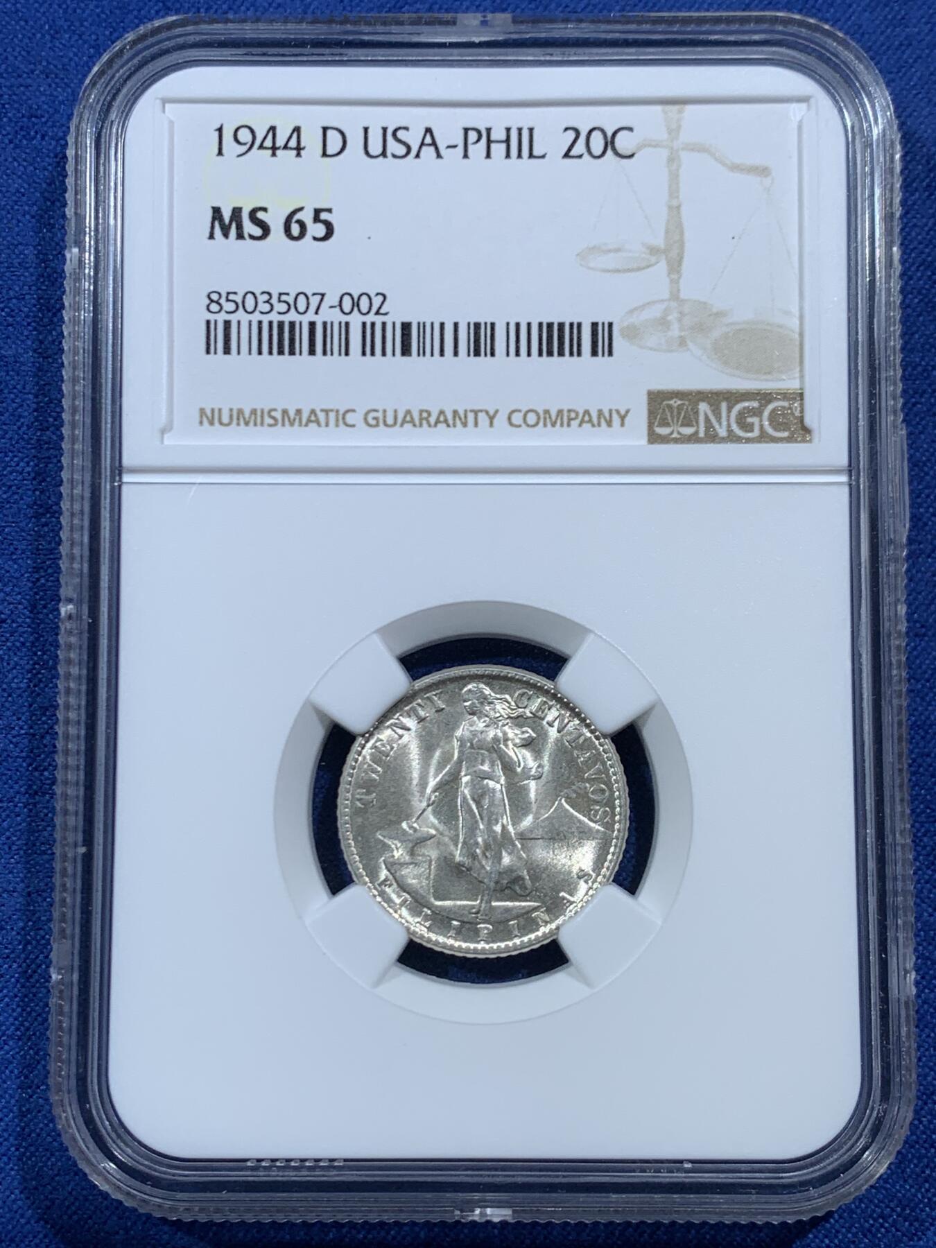 《竞宝斋》第454场 周日，周一 2场连拍 （全场包邮，欢迎送拍） NGC-MS65 美属菲律宾1944年 20分银币 卷拆送评 高分好品 有些压分了