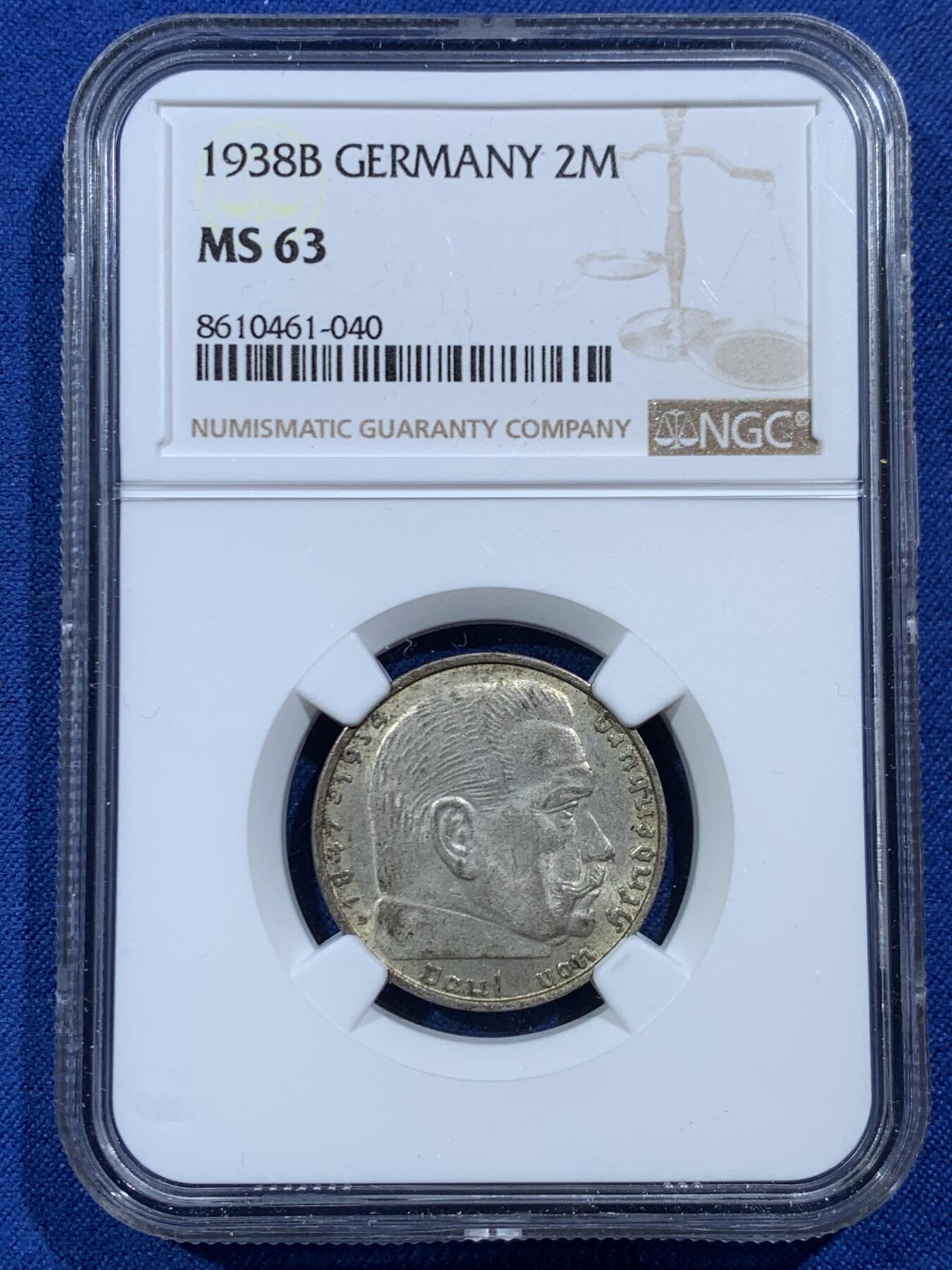 《竞宝斋》第454场 周日，周一 2场连拍 （全场包邮，欢迎送拍） NGC MS63 德国1938B兴登堡加字二马克，原光好品