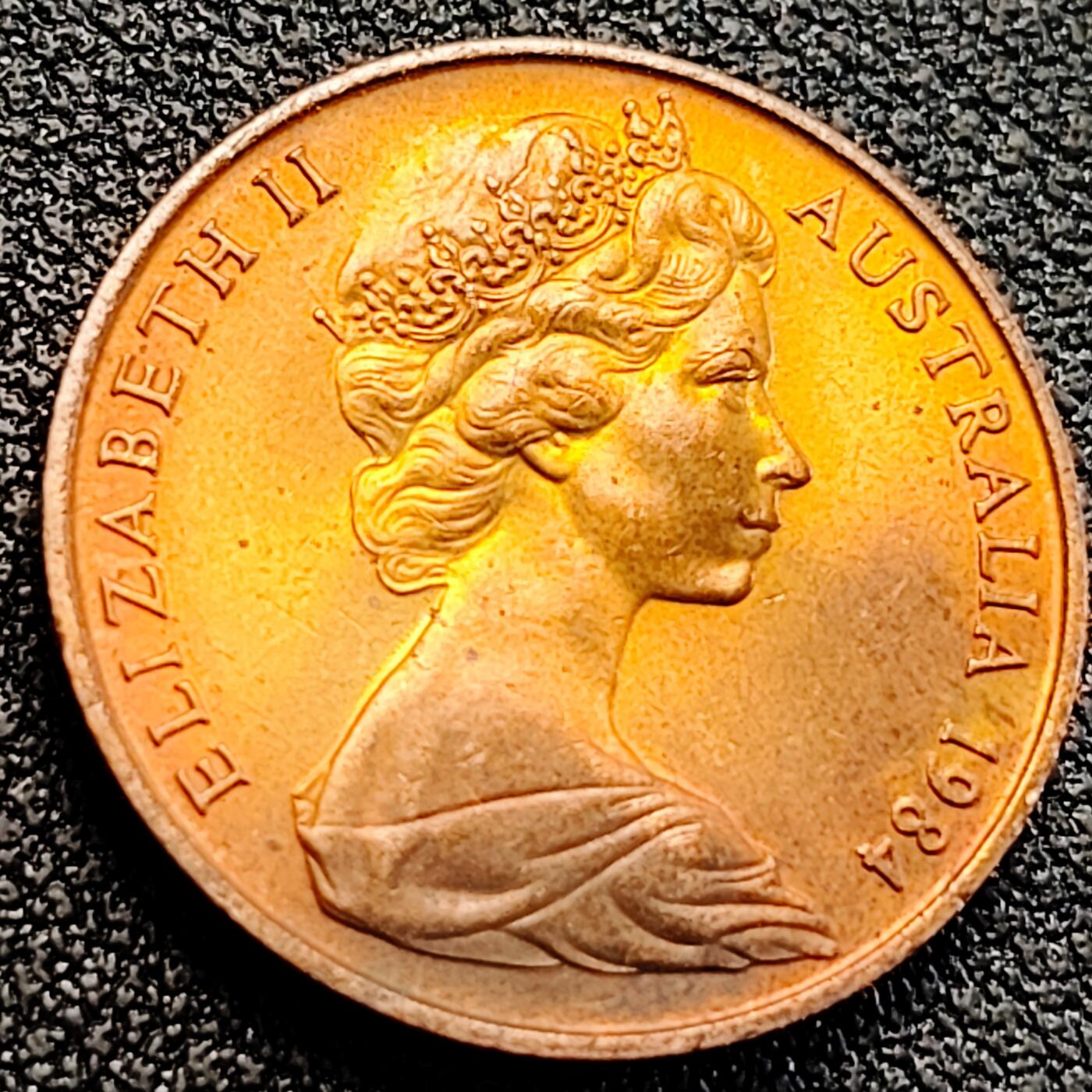 泉币菌-第163场-新年第六场 精品福利场 原铜光UNC 21mm澳大利亚伞蜥蜴2分 1984年 青年女王版末版 