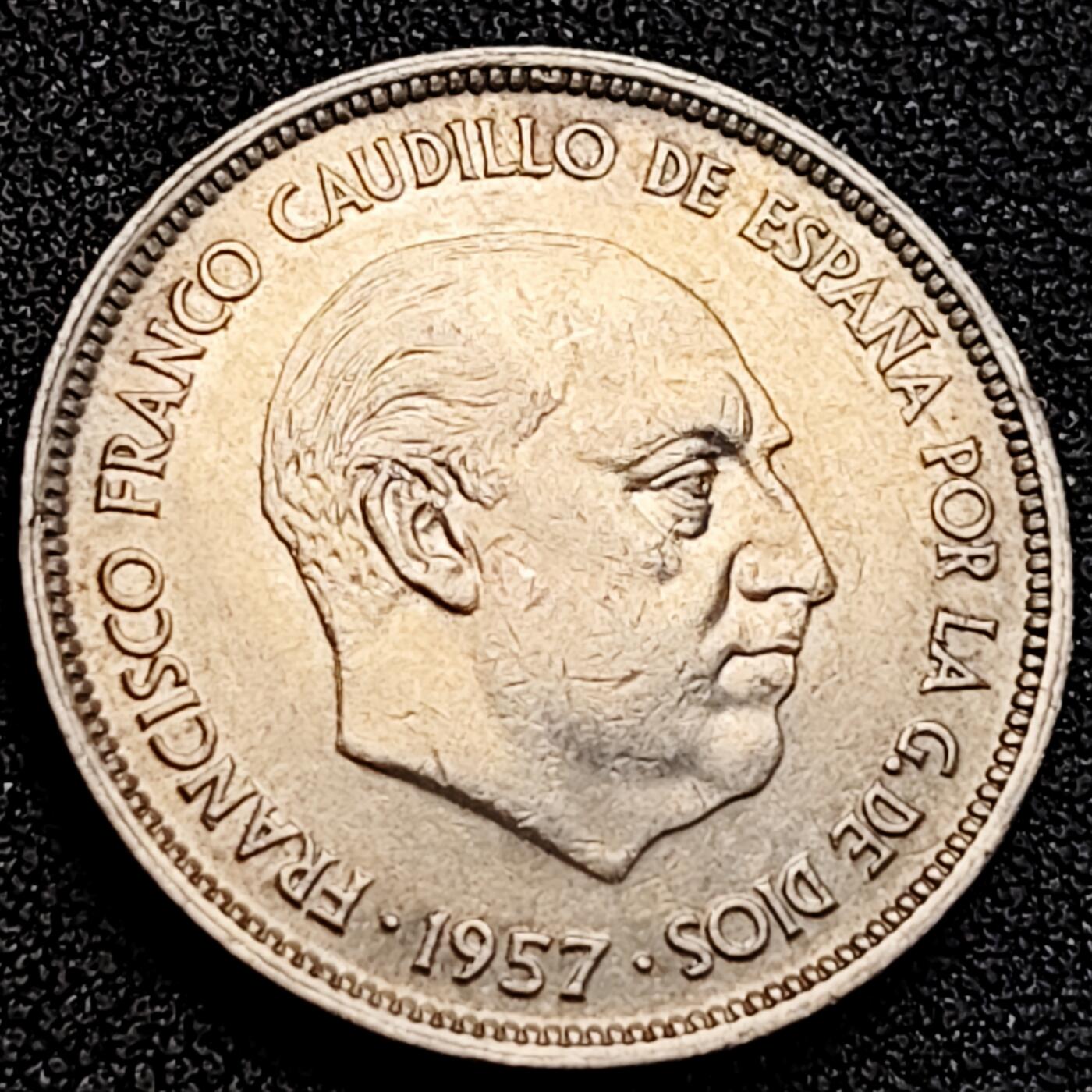 泉币菌-第162场- 新年第五场 精品福利场 弗朗西斯科佛朗哥 西班牙1957年25比塞塔銅镍硬币26.5mm8.5g