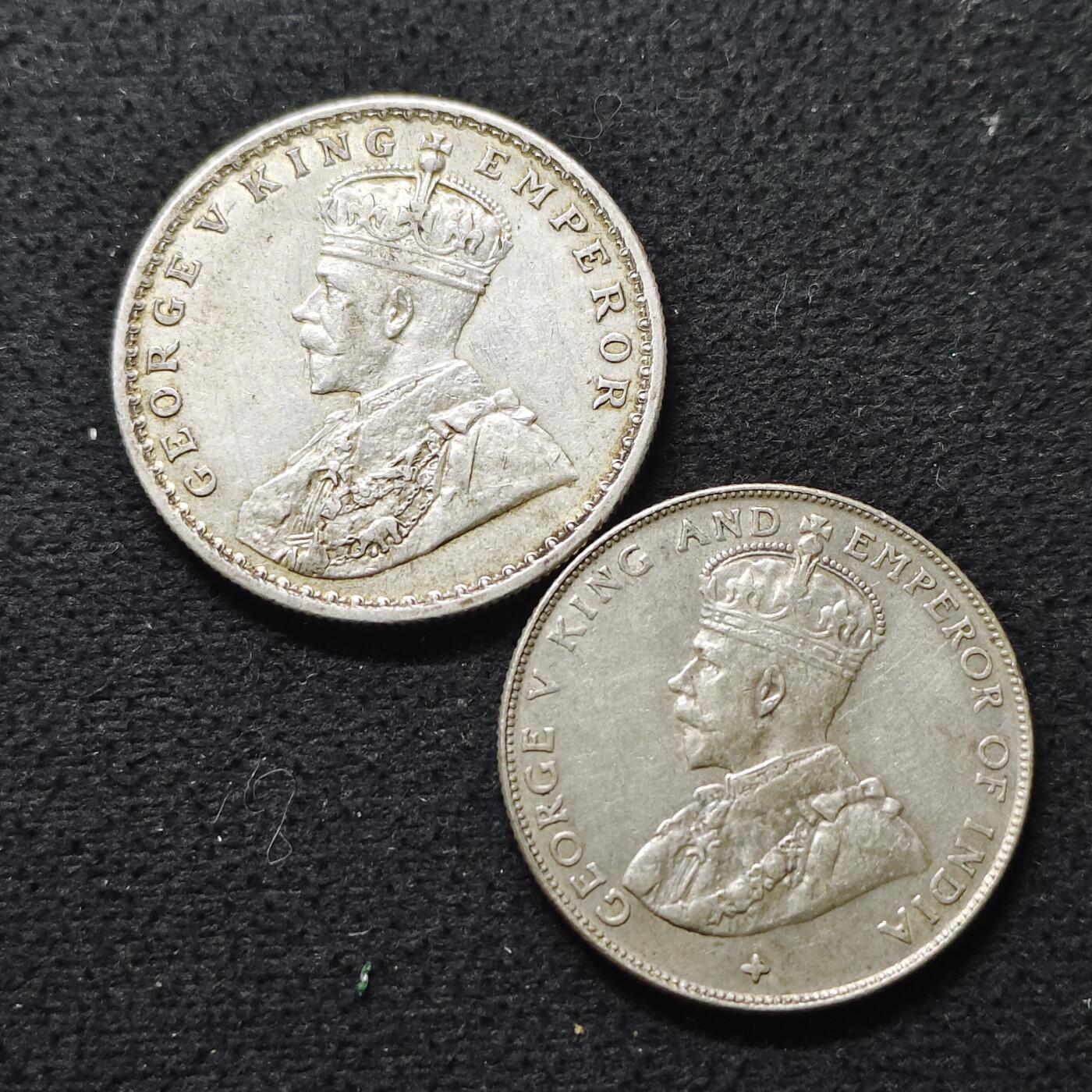 【全场包邮】纯粹捡漏拍493场 英属殖民地1916-1920年乔治五世时期银币2枚一组-海峡1920年50分+印度1916年1卢比【8.42克+11.66克，纯银价约268元（按18元银价折算）】