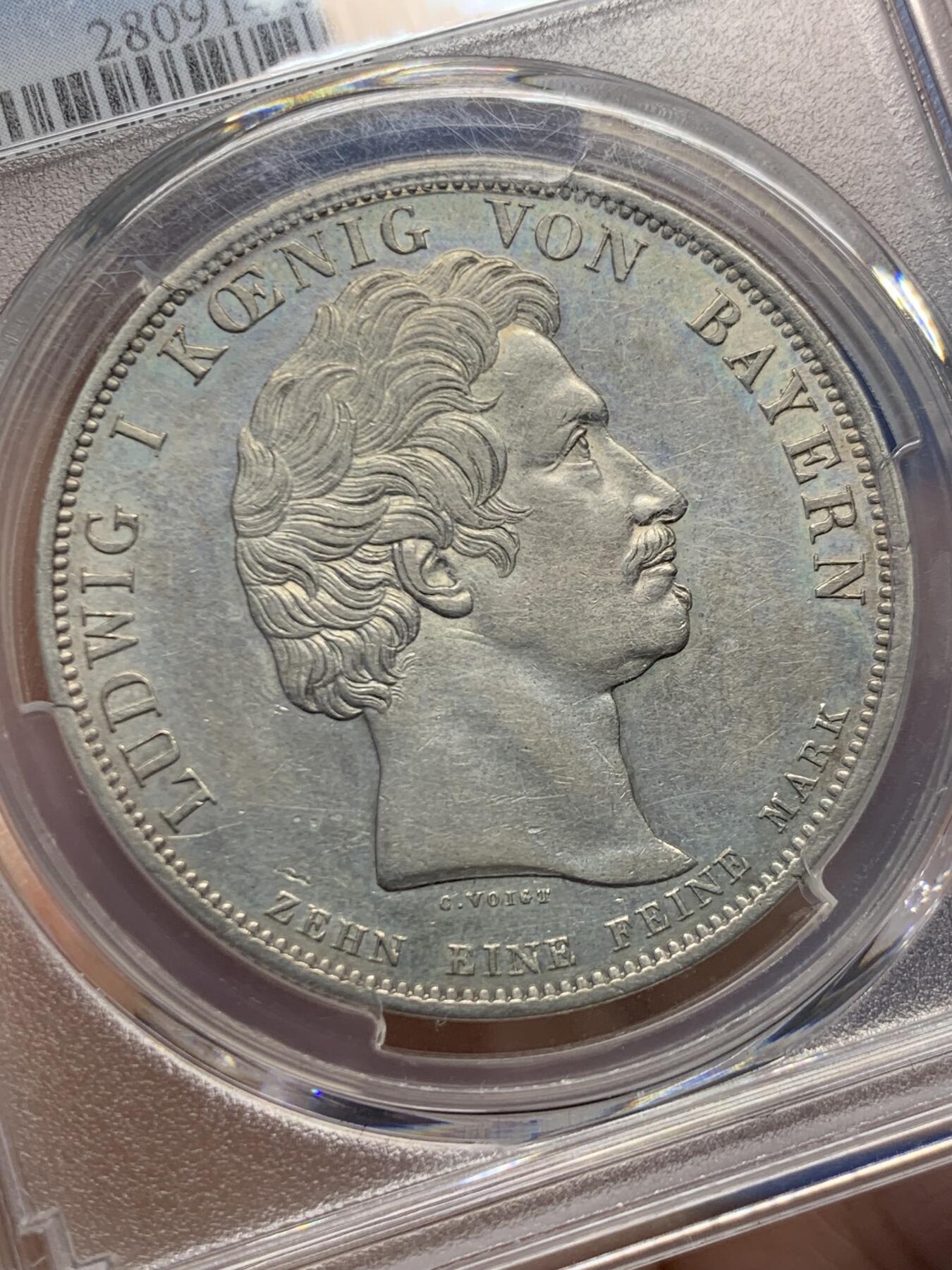 《竞宝斋》第454场 周日，周一 2场连拍 （全场包邮，欢迎送拍） PCGS AU55 德国1830巴伐利亚路德维希一世忠于皇室历史泰勒