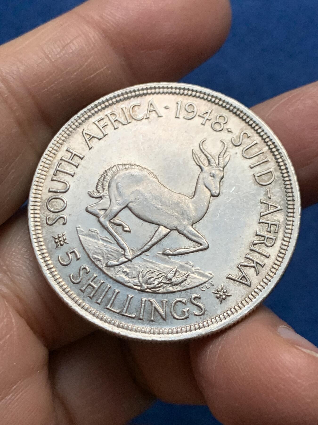 《竞宝斋》第455场 周日，周一 2场连拍 （全场包邮，欢迎送拍） 南非1948年5先令羚羊银币 原光好品