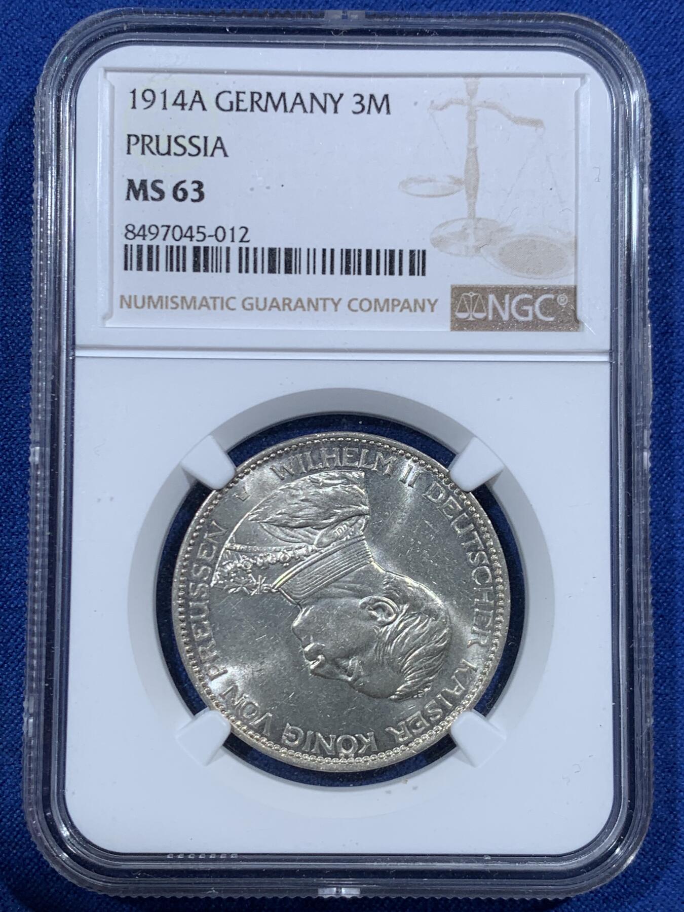 《竞宝斋》第455场 周日，周一 2场连拍 （全场包邮，欢迎送拍） NGC MS63 德国1914年普鲁士威廉二世3马克银币