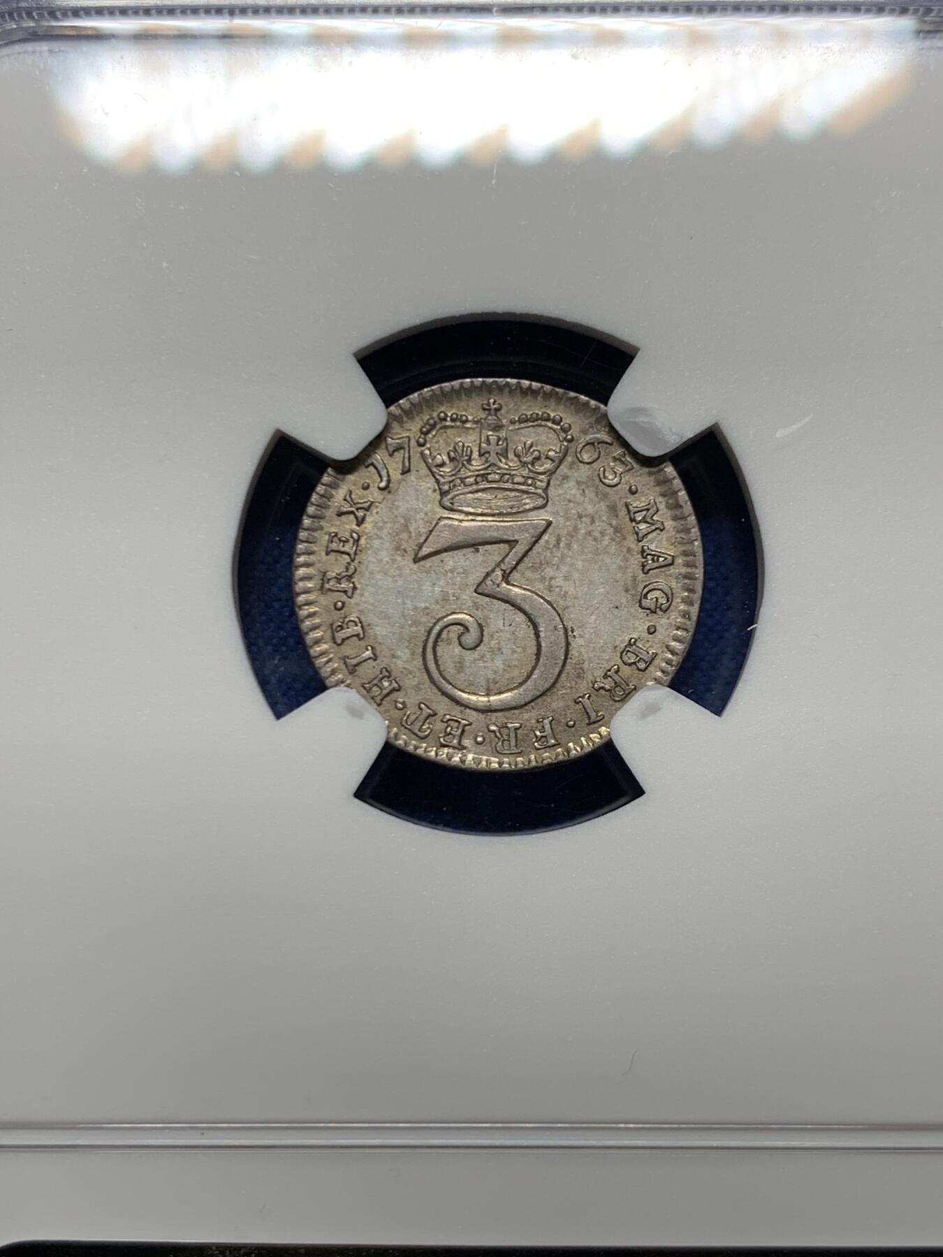 《竞宝斋》第455场 周日，周一 2场连拍 （全场包邮，欢迎送拍） NGC UNCD 英国1763年乔治三世3便士银币，濯足节系列银币，带点淡彩，细节很好，性价比高