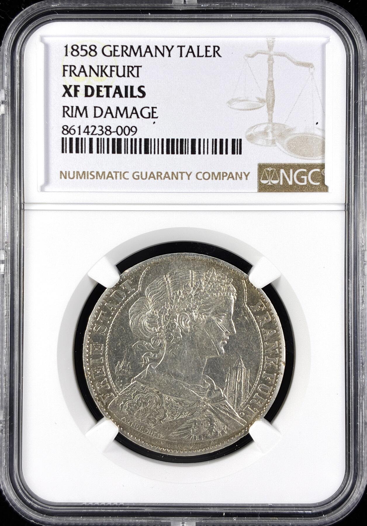 【雨安】【直播拍卖】【第0123期-评级币章】2026-01-10 周六 19:30 [评级德国] Germany 德国 德意志 1泰勒 Frankfurt法兰克福 Thun.141 KM#0354 (1857-1858) 法兰克福少女.教堂 1858年  NGC-XF