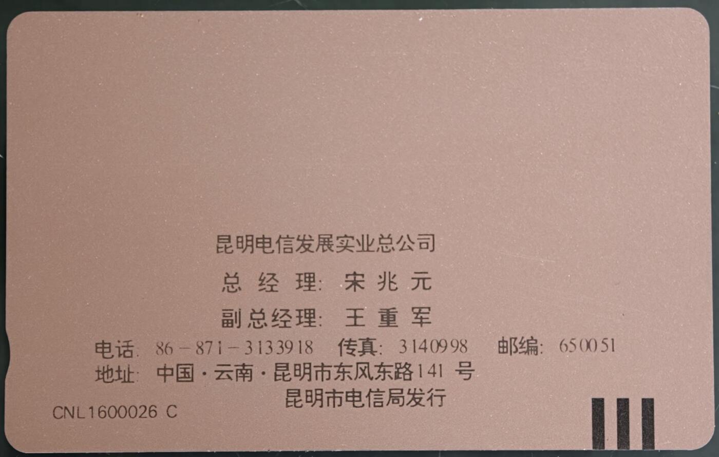 公藏第60期裸卡拍卖 云南田村卡（昆明电信公司名片卡）一枚总，付经理卡钢印码063300540592，中部2条划，右中下2条小细划，背几条划。