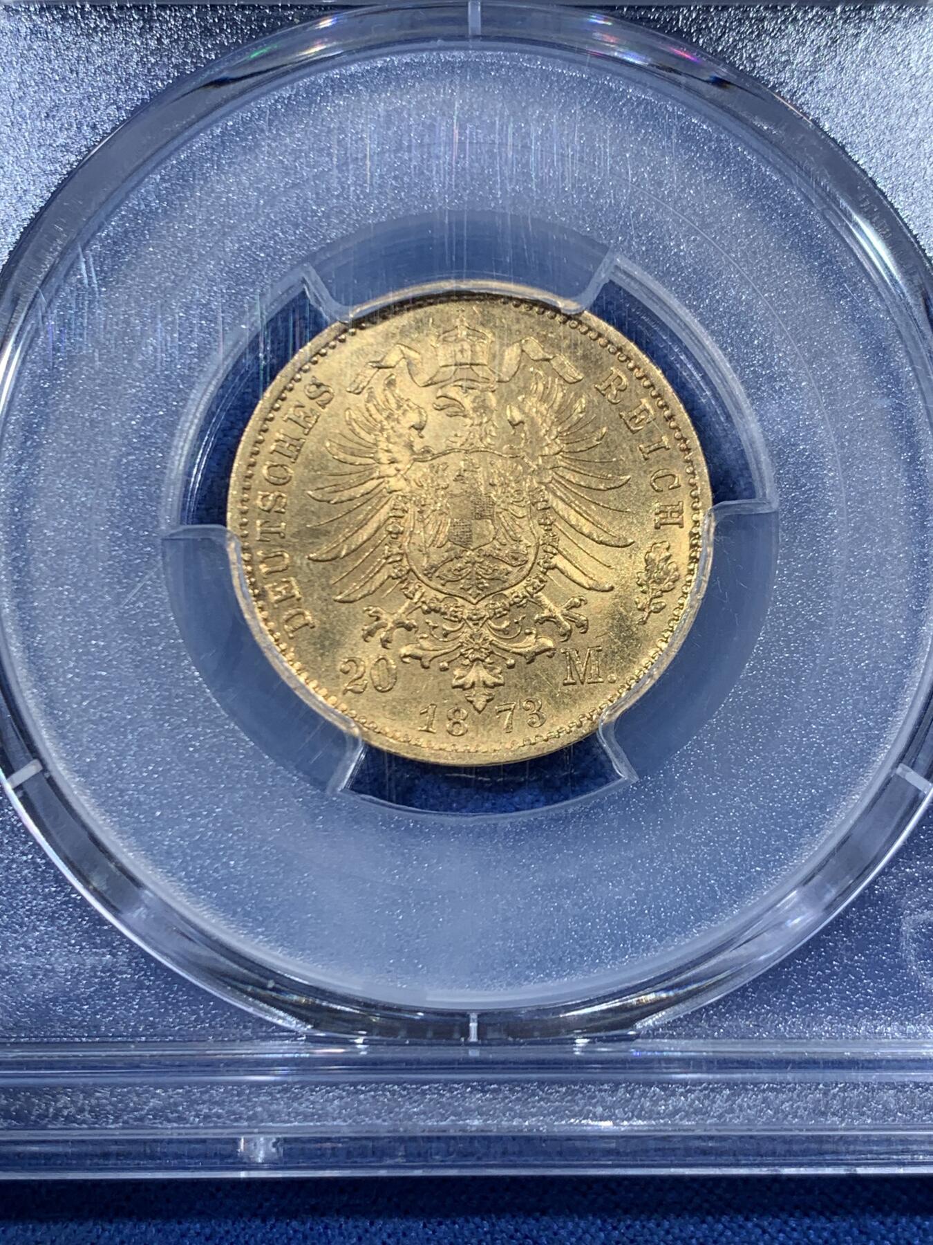 《竞宝斋》第455场 周日，周一 2场连拍 （全场包邮，欢迎送拍） PCGS MS65 德国巴登大公国 1873年20帝国金马克金币 热门的德二短翅鹰 高分极好 1872昆克裸币成交价2.2万