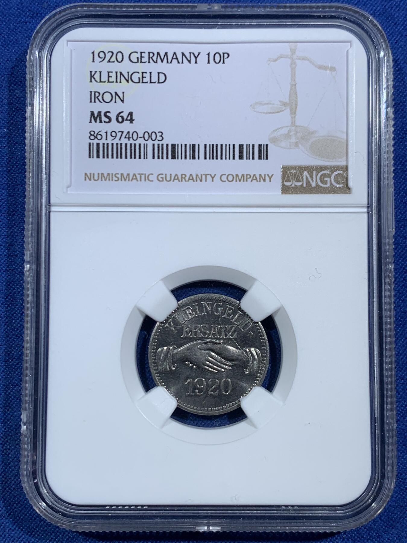 《竞宝斋》第455场 周日，周一 2场连拍 （全场包邮，欢迎送拍） NGC MS64 德国紧急状态 1920年10芬尼 铁币