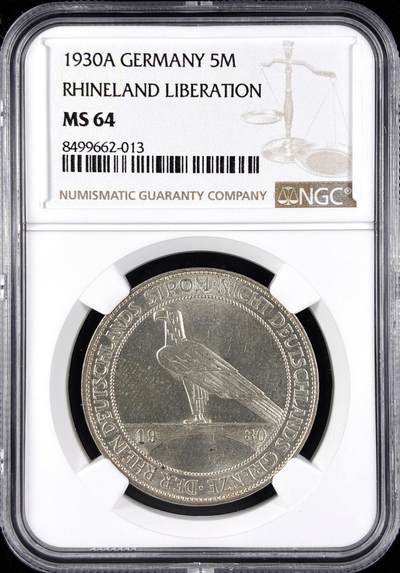 【雨安】【直播拍卖】【第0123期-评级币章】2026-01-10 周六 19:30 - [评级德国] Germany 德国 魏玛 5马克 KM#71 莱茵兰鹰桥 1930年  NGC-MS64