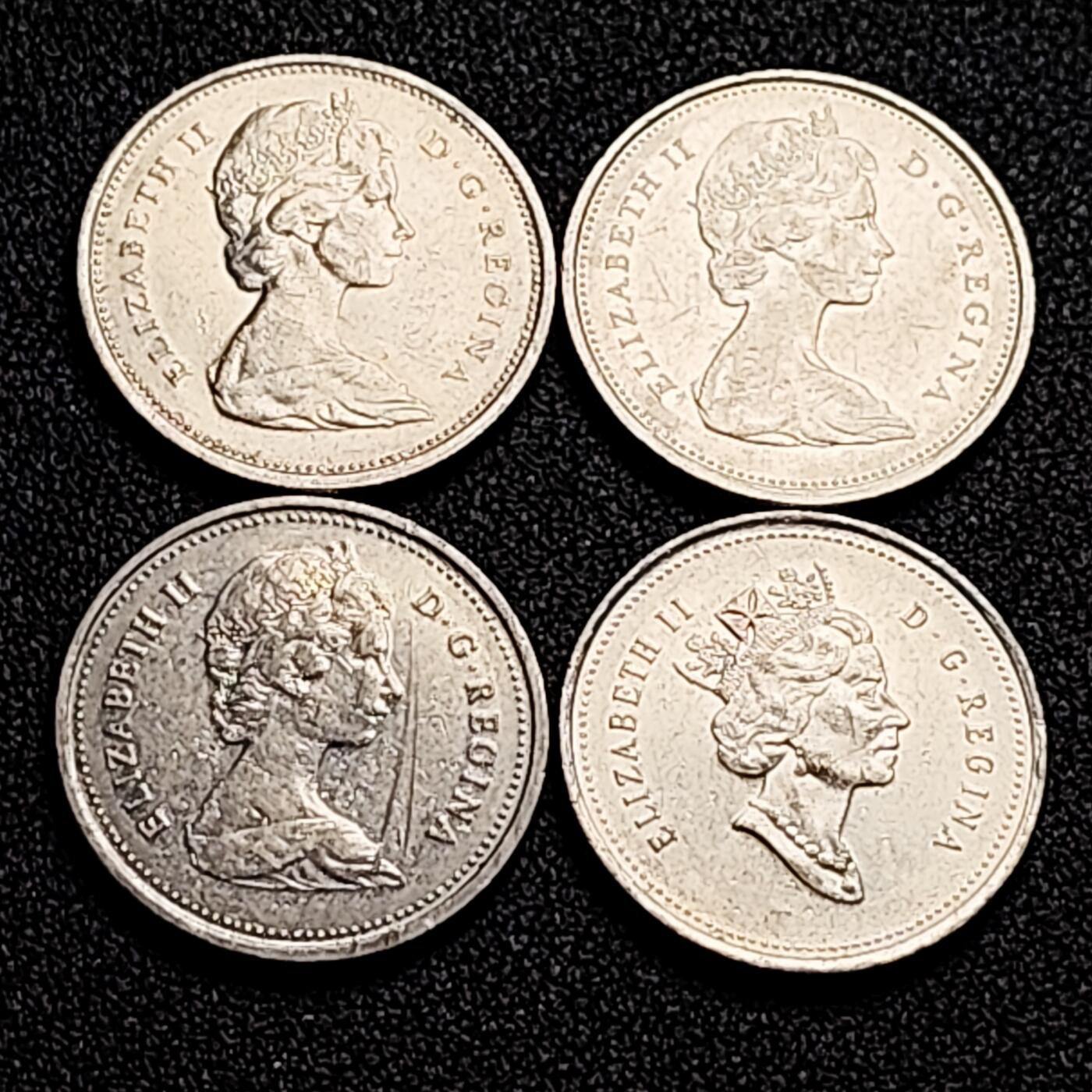 泉币菌-第165场-新年第八场 精品福利场 高币值 一加元 一组4枚 加拿大驯鹿1/4元 英国伊丽莎白二世女王像 23.9mm